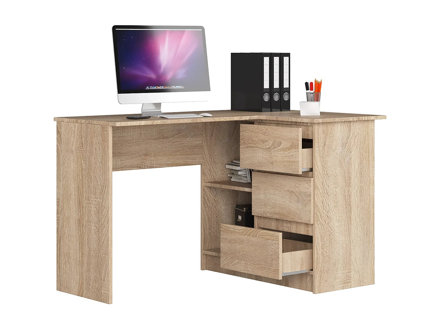 Eck-Schreibtisch AKORD B16 rechts in der Farbe Sonoma-Eiche mit 3 Schubladen und 2 Ablagen B124 x H77 x T85 cm