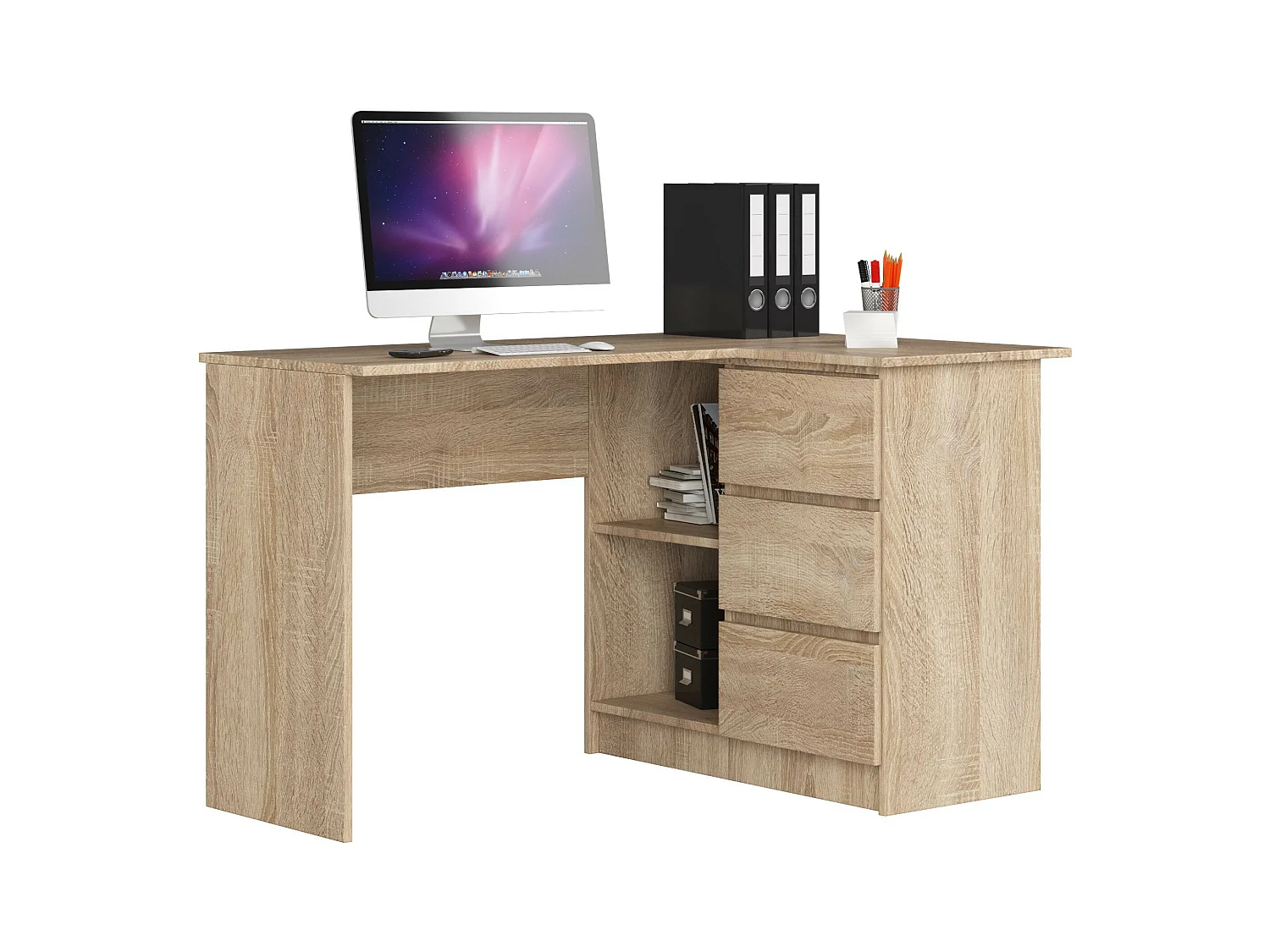 Bureau AKORD d'angle droit B16 Chêne Sonoma 124 cm 3 tiroirs façade Chêne Sonoma 2 étagères 124x85x77 cm