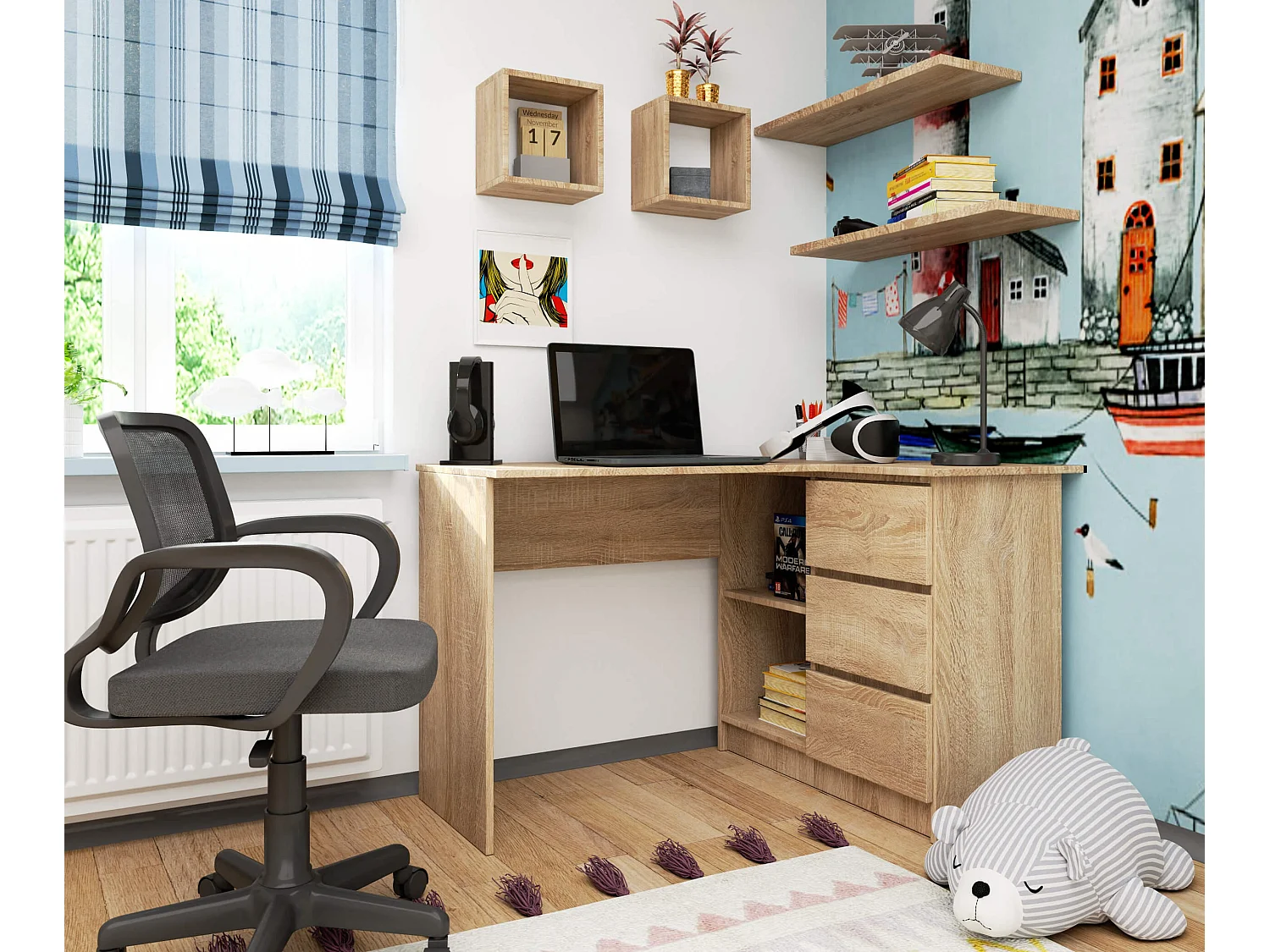 Bureau AKORD d'angle droit B16 Chêne Sonoma 124 cm 3 tiroirs façade Chêne Sonoma 2 étagères 124x85x77 cm