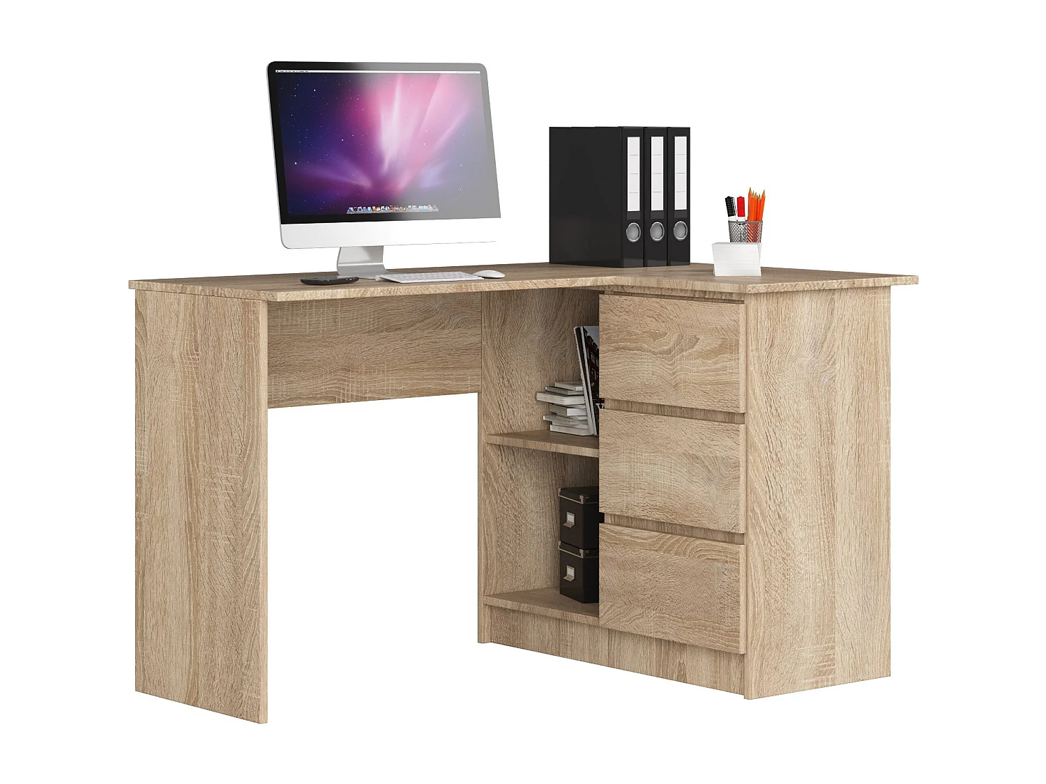 Bureau AKORD d'angle droit B16 Chêne Sonoma 124 cm 3 tiroirs façade Chêne Sonoma 2 étagères 124x85x77 cm