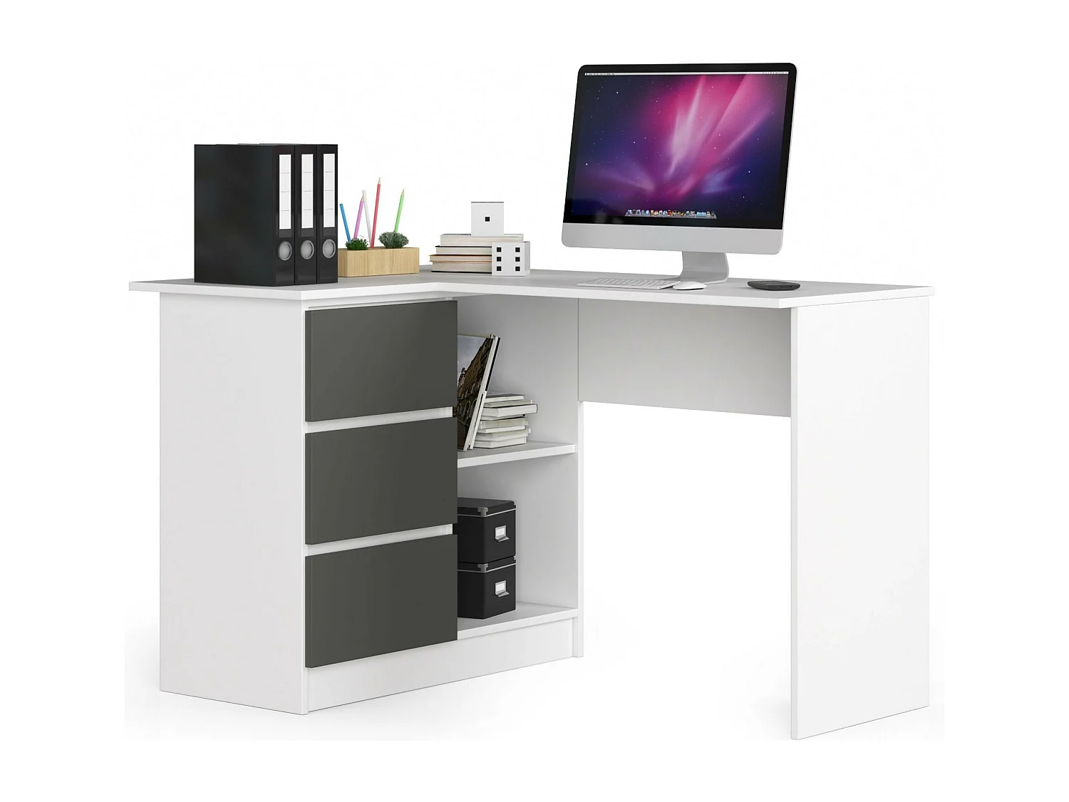 Scrivania angolare AKORD B16 Bianco 124 cm 3 cassetti inserto frontale Grigio Grafite 124x85x77 cm Modello a sinistra