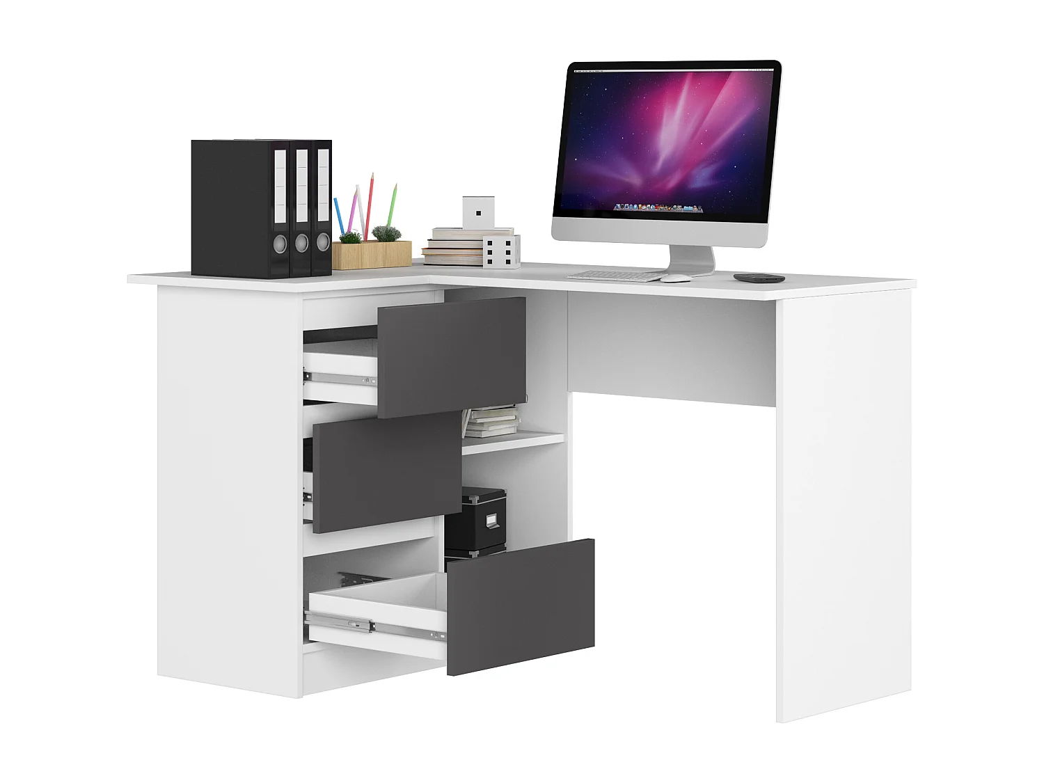 Scrivania angolare AKORD B16 Bianco 124 cm 3 cassetti inserto frontale Grigio Grafite 124x85x77 cm Modello a sinistra