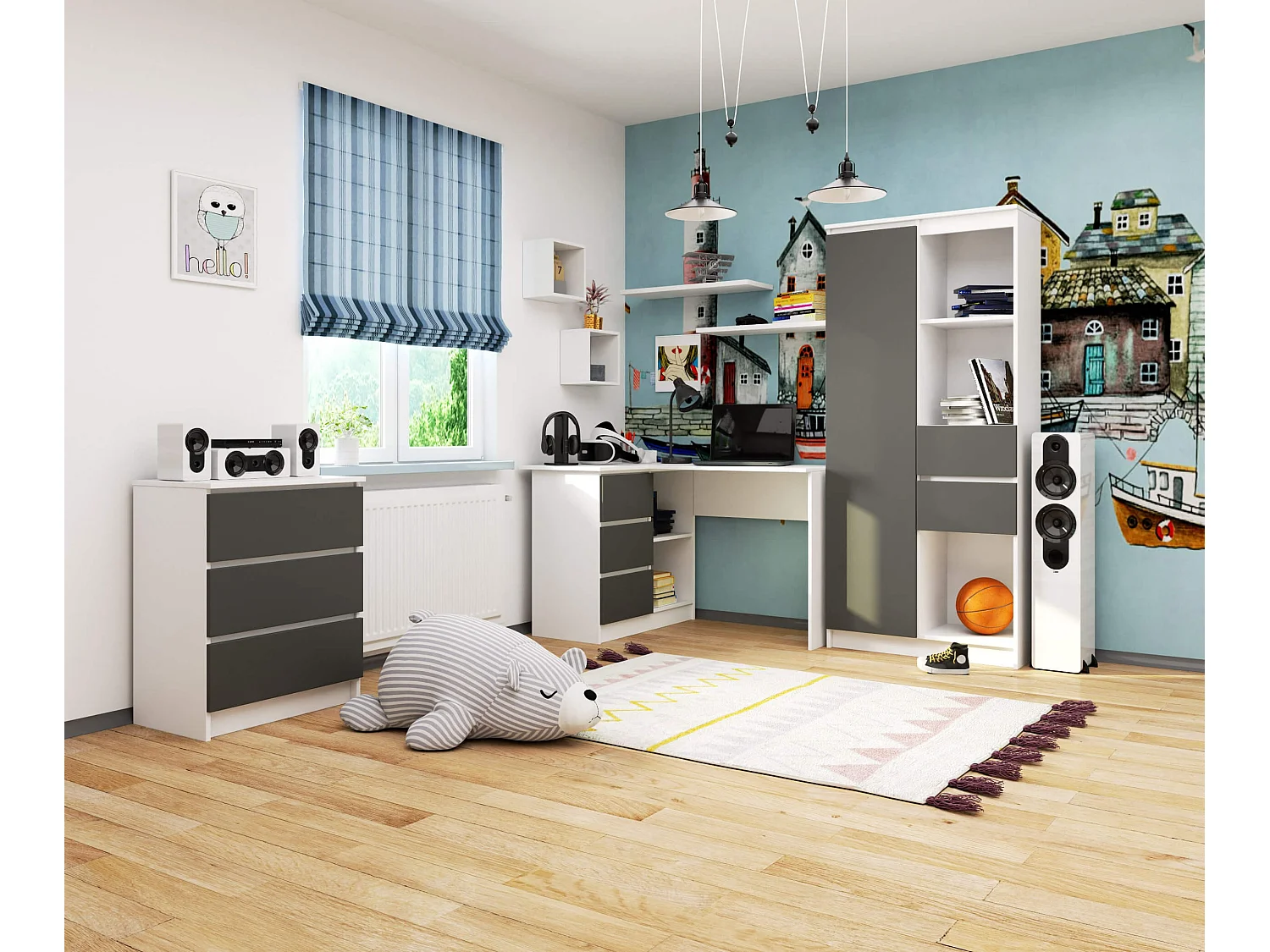 Scrivania angolare AKORD B16 Bianco 124 cm 3 cassetti inserto frontale Grigio Grafite 124x85x77 cm Modello a sinistra