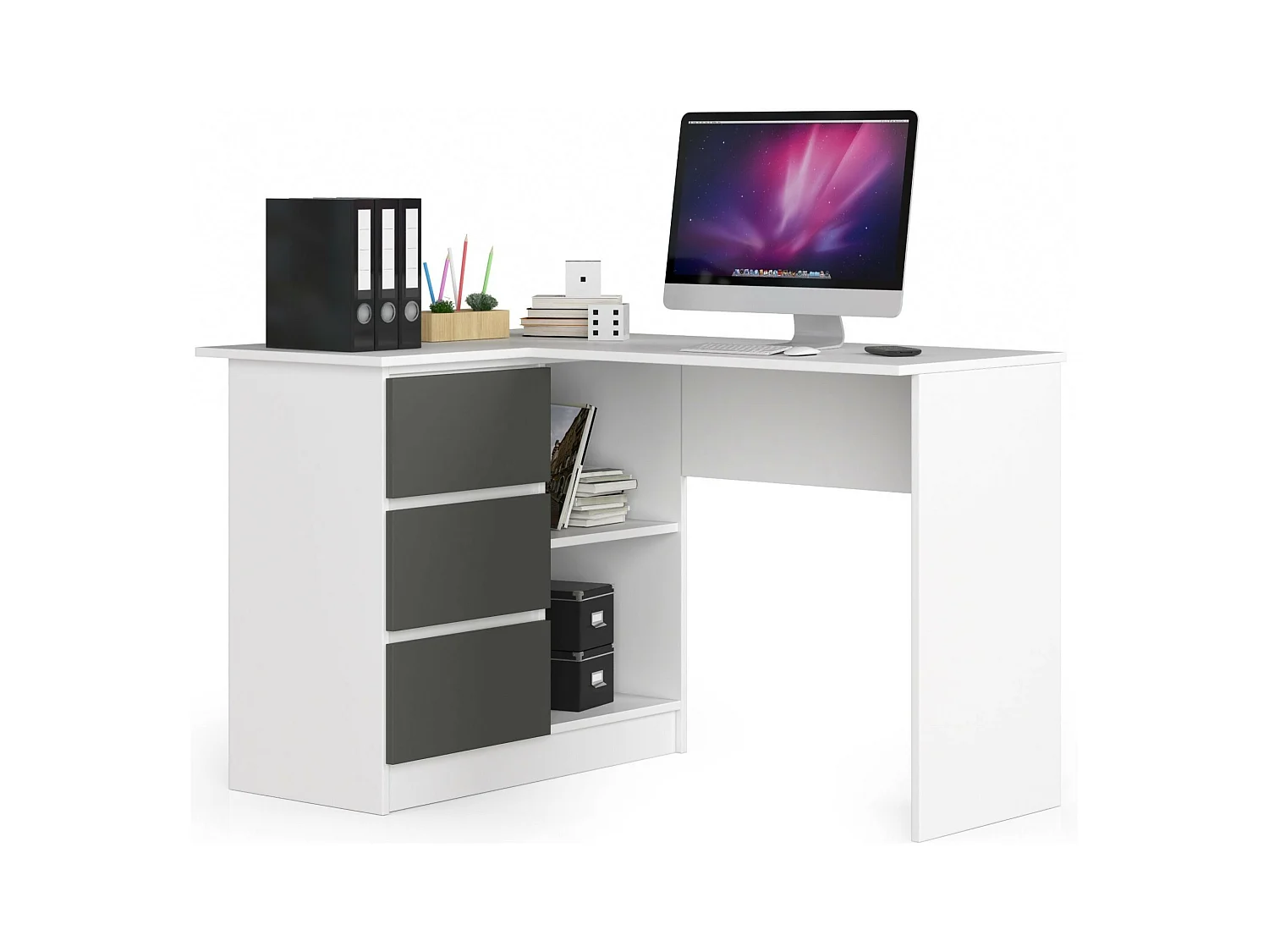Bureau AKORD d'angle gauche B16 Blanc 124 cm 3 tiroirs façade Gris Graphite 2 étagères 124x85x77 cm