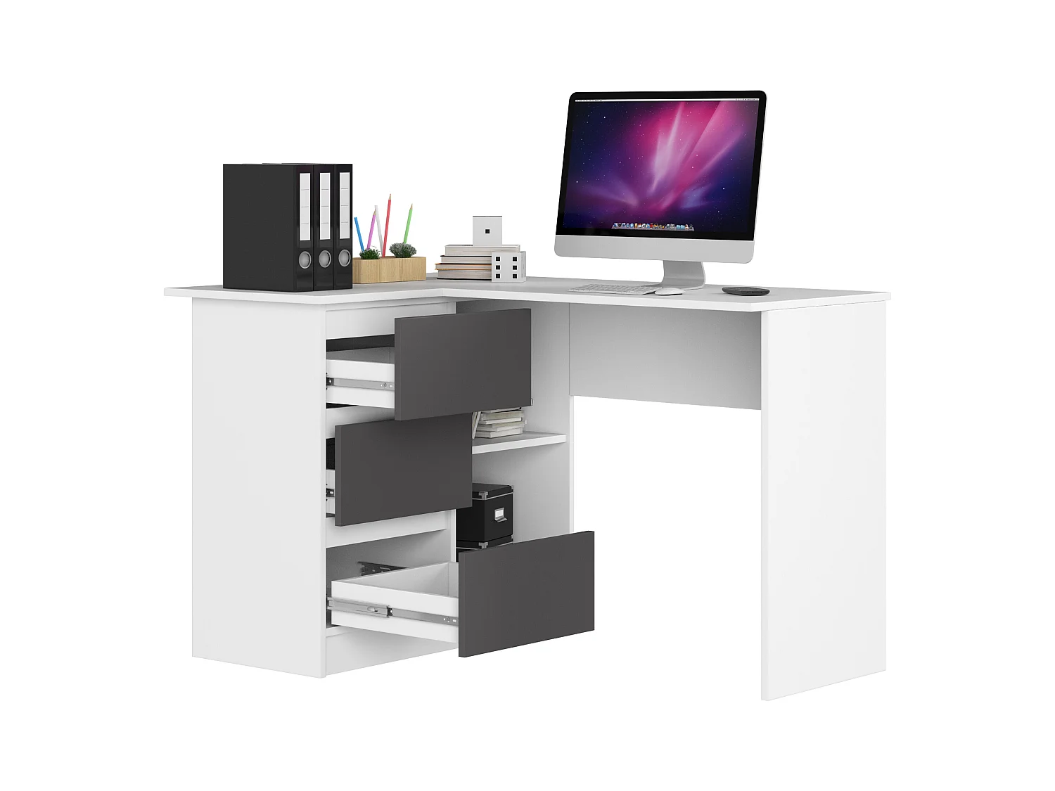 Scrivania angolare AKORD B16 Bianco 124 cm 3 cassetti inserto frontale Grigio Grafite 124x85x77 cm Modello a sinistra