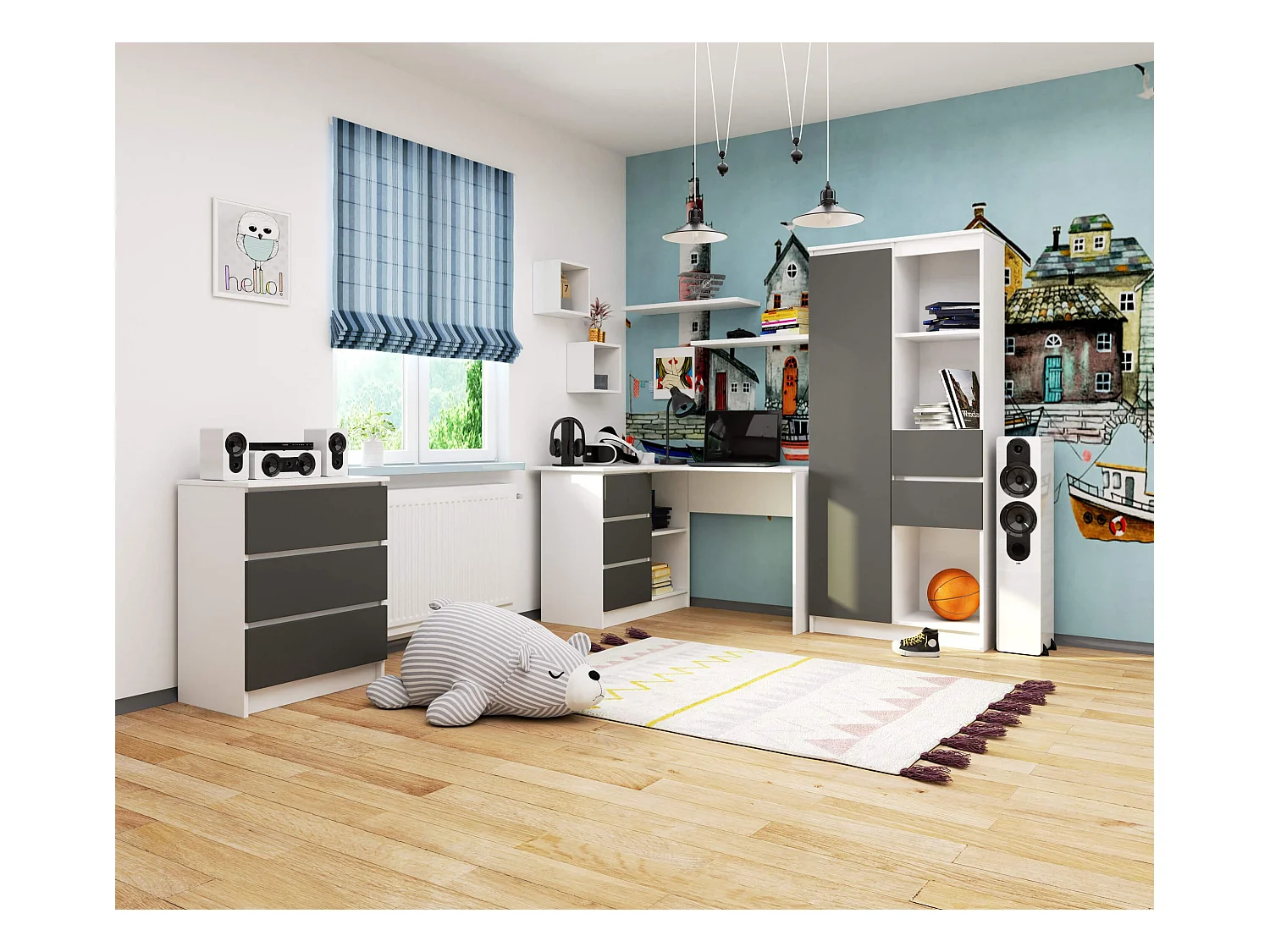 Scrivania angolare AKORD B16 Bianco 124 cm 3 cassetti inserto frontale Grigio Grafite 124x85x77 cm Modello a sinistra