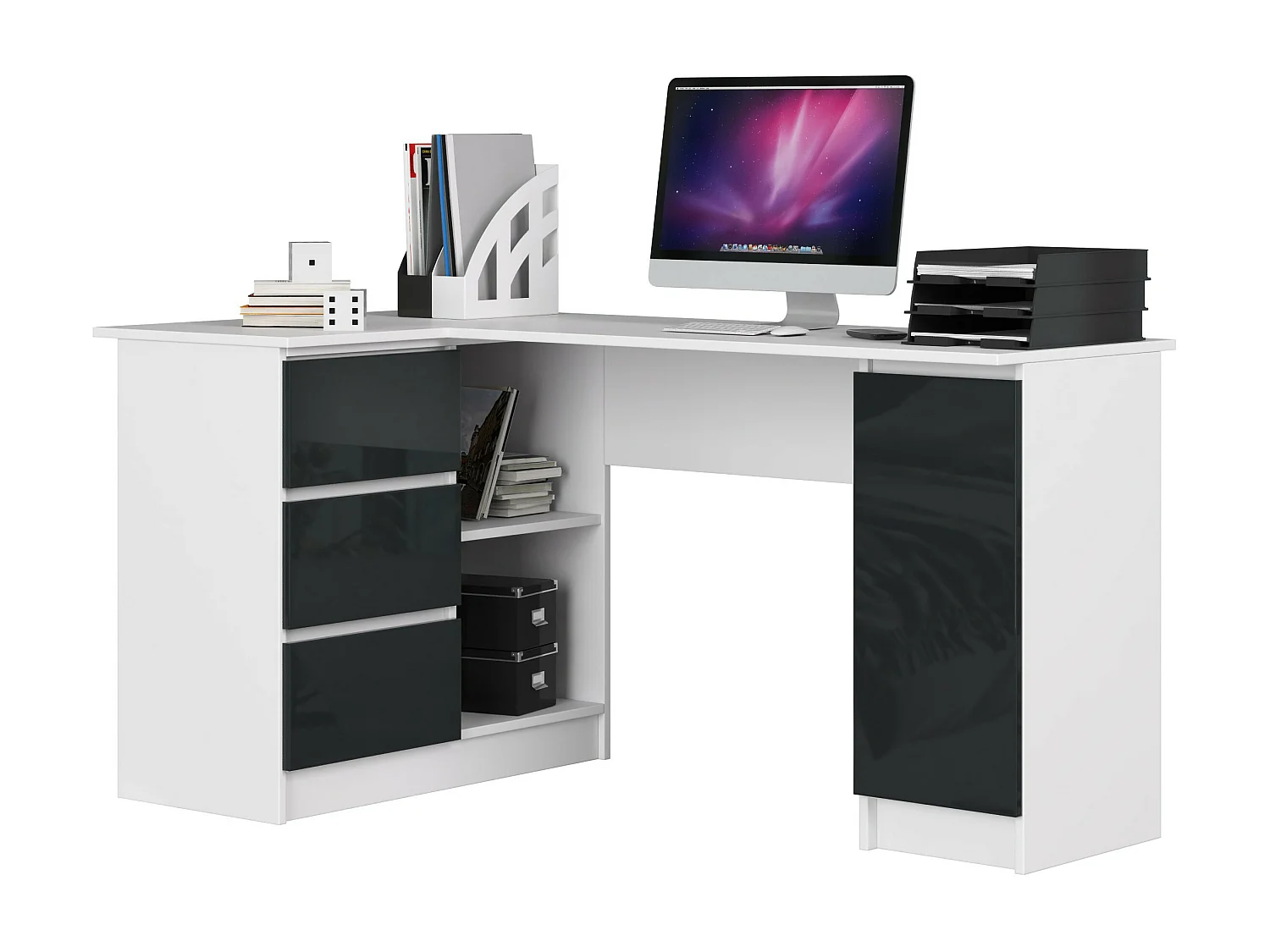 Bureau AKORD d'angle gauche B20 Blanc, Graphite Brillant 155 cm 1 porte 3 tiroirs 4 étagères 155x85x77 cm
