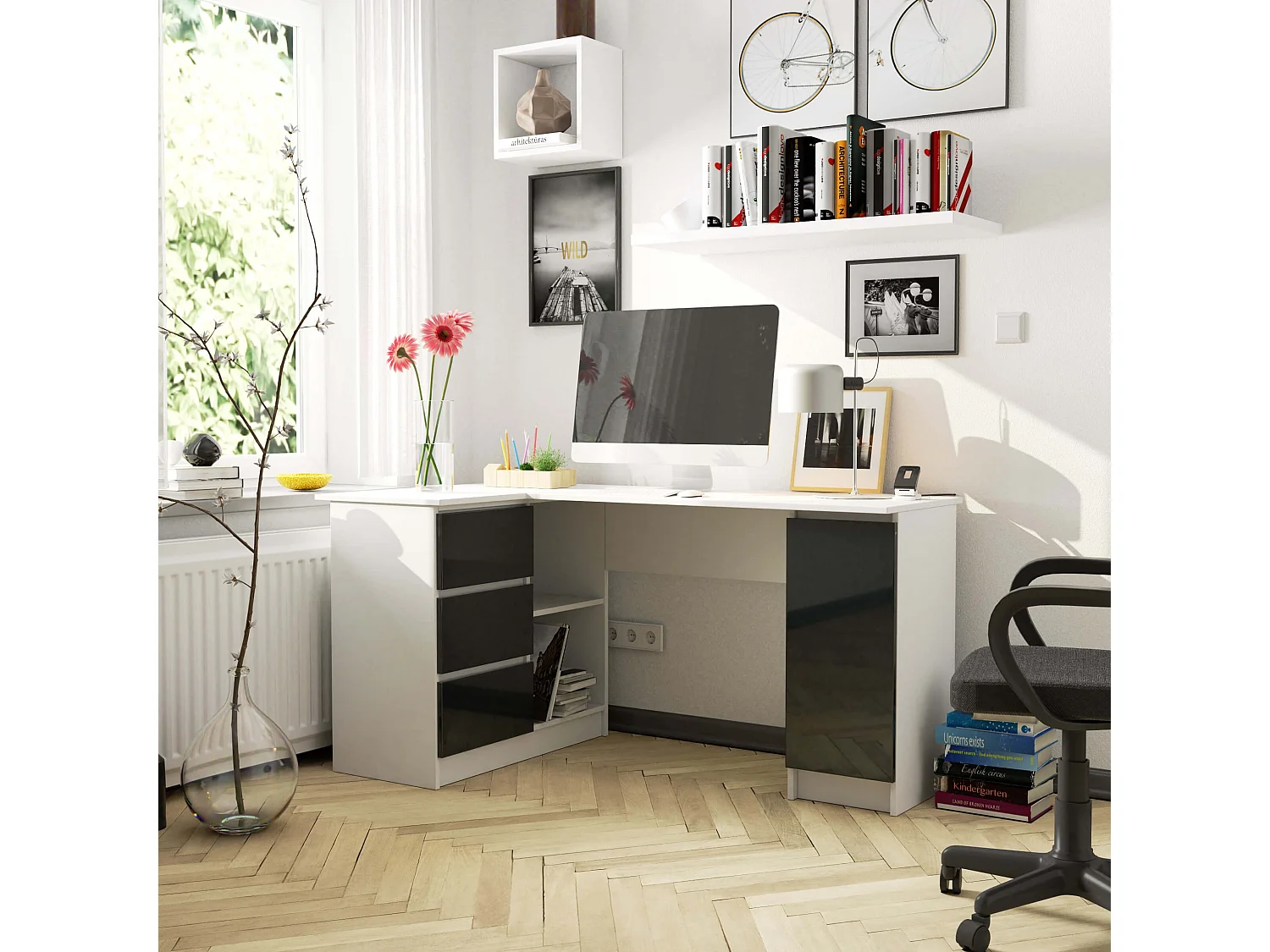 Bureau AKORD d'angle gauche B20 Blanc, Graphite Brillant 155 cm 1 porte 3 tiroirs 4 étagères 155x85x77 cm