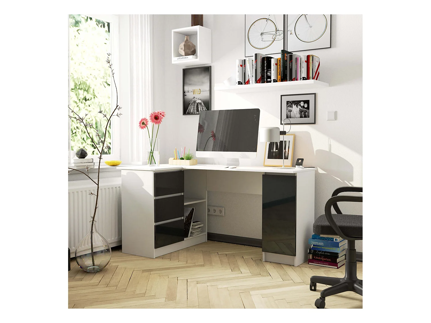 Bureau AKORD d'angle gauche B20 Blanc, Graphite Brillant 155 cm 1 porte 3 tiroirs 4 étagères 155x85x77 cm