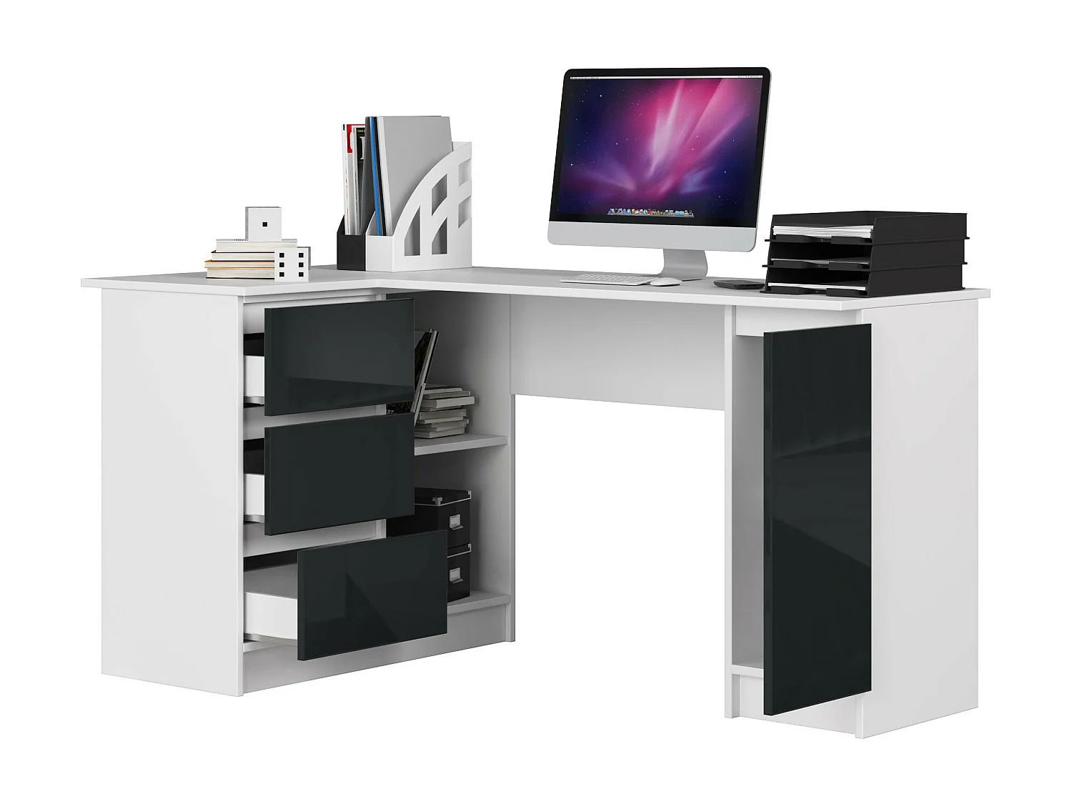 Bureau AKORD d'angle gauche B20 Blanc, Graphite Brillant 155 cm 1 porte 3 tiroirs 4 étagères 155x85x77 cm