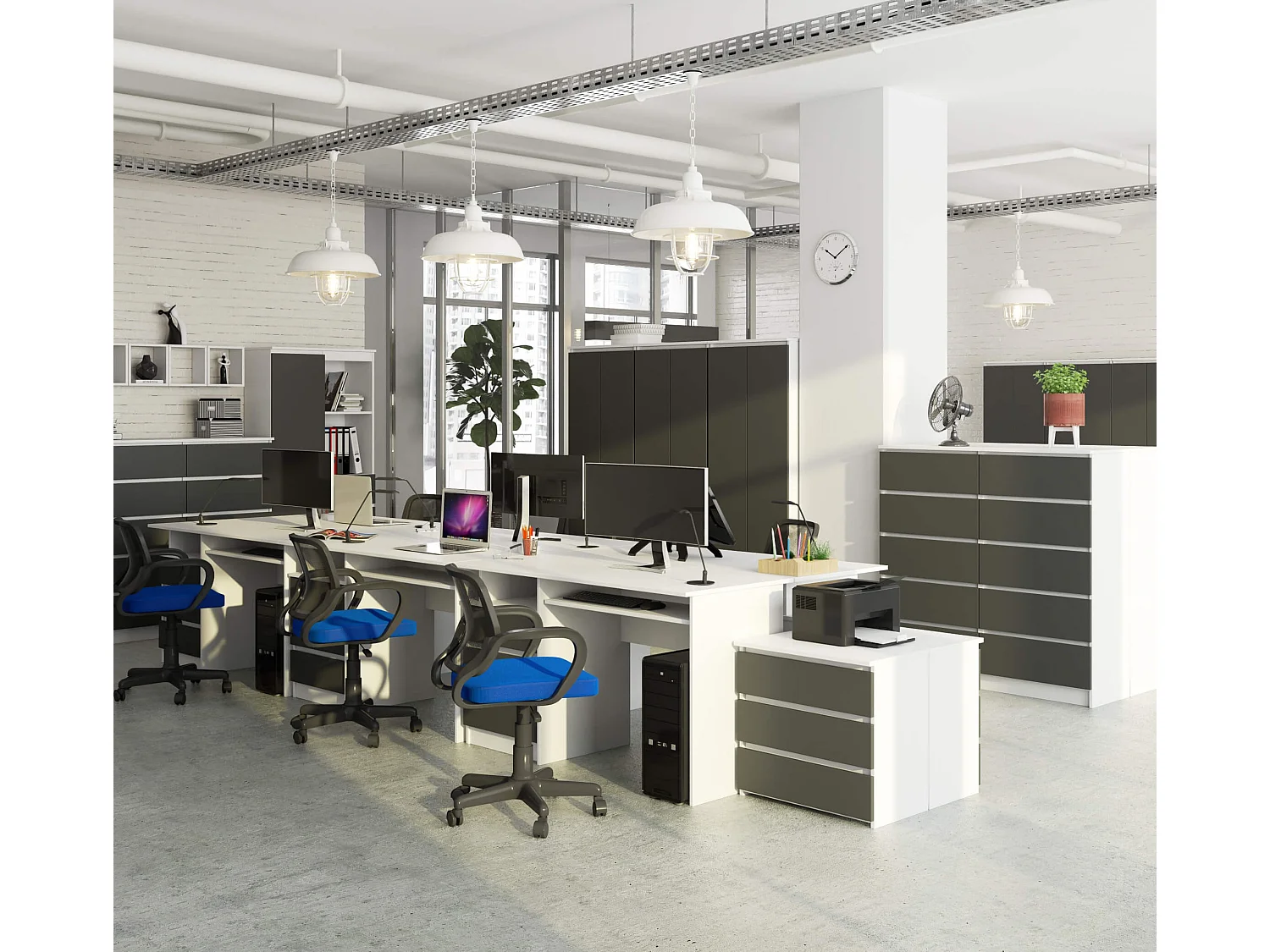 PC-Schreibtisch AKORD CLP in der Farbe Weiß mit 3 Schubladen Front Graphitgrau und 2 Ablagen B135 x H77 x T60 cm