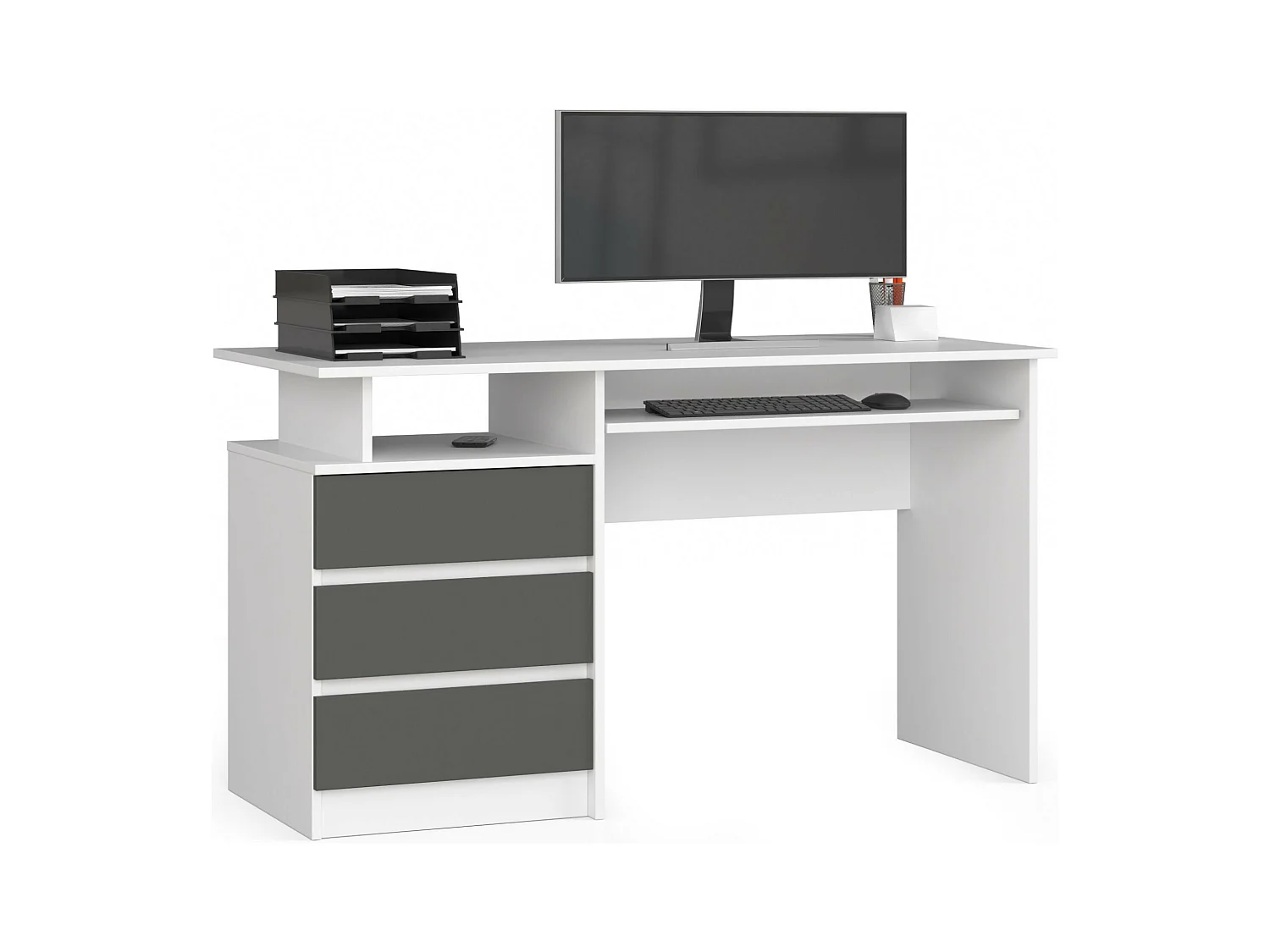Bureau d'ordinateur AKORD CLP Blanc 135 cm 3 tiroirs façade Gris Graphite 2 étagères 135x60x77 cm