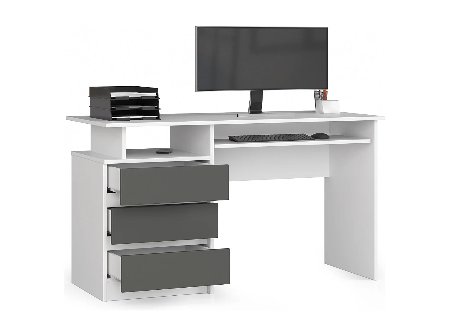 Scrivania AKORD CLP Bianco 135 cm 3 cassetti inserto frontale Grigio Grafite 135x60x77 cm