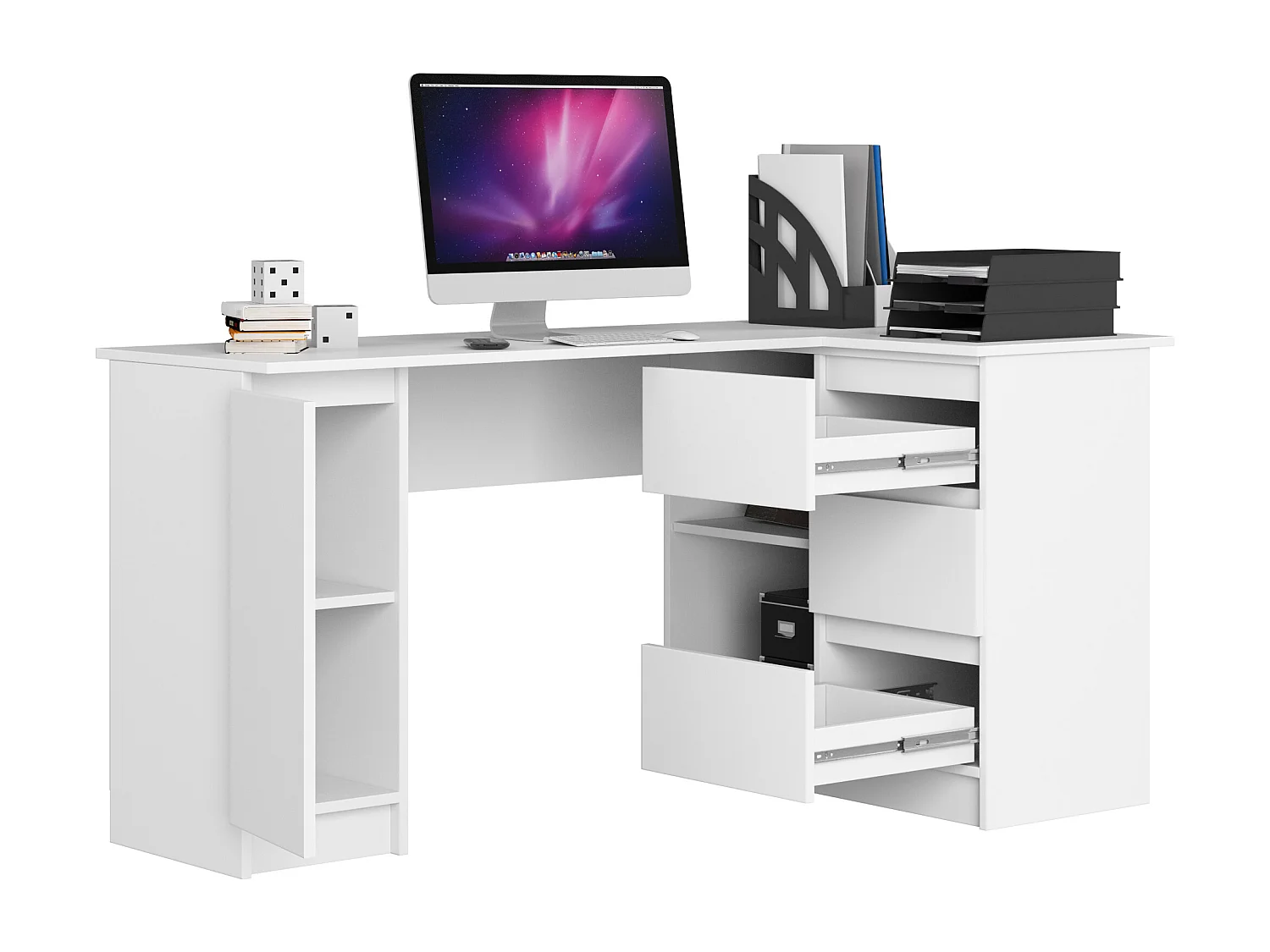 Grand bureau d'angle AKORD droit B20 Blanc 155 cm 1 porte 3 tiroirs façade Blanche 4 étagères 155x85x77 cm