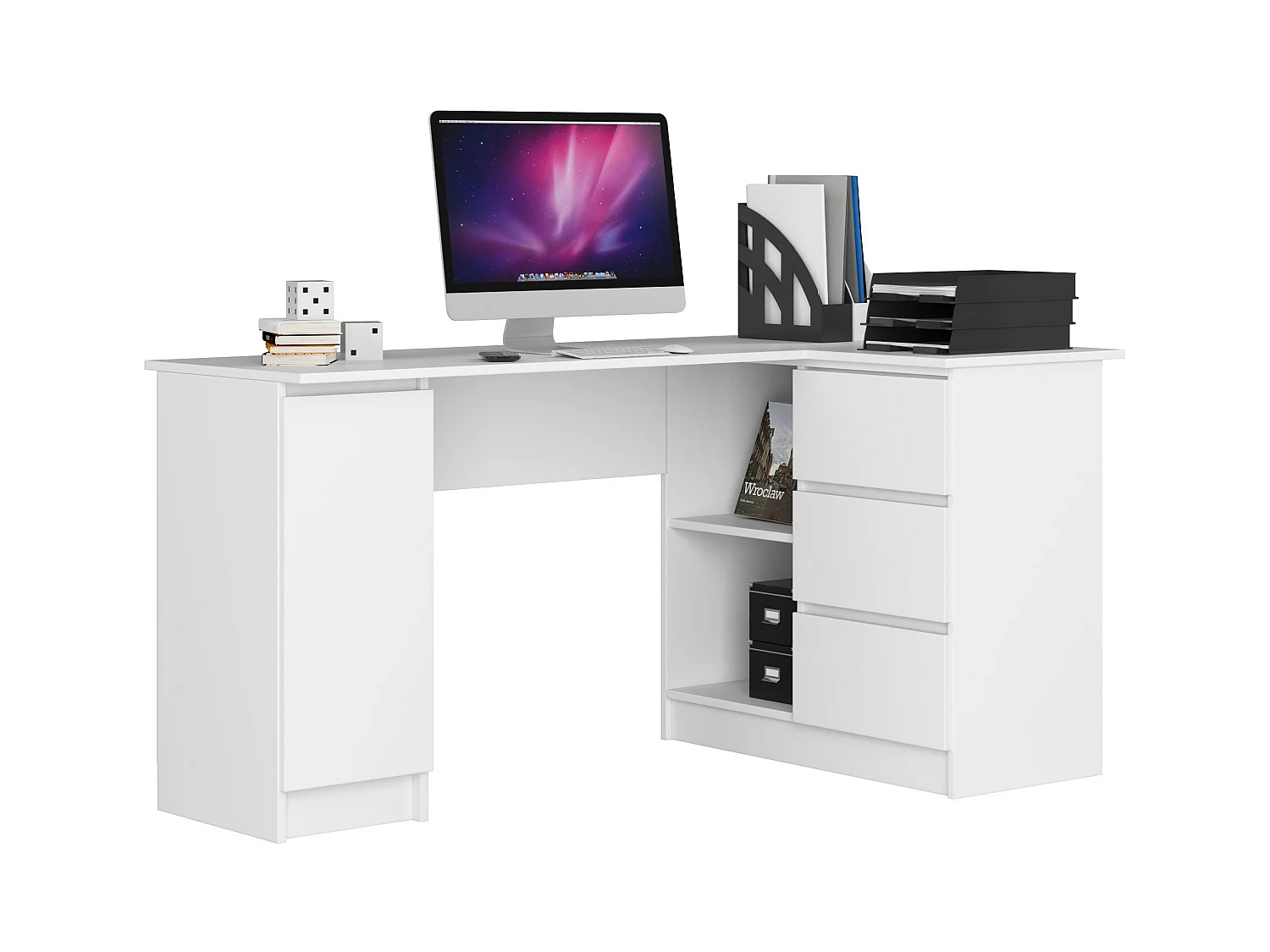Grand bureau d'angle AKORD droit B20 Blanc 155 cm 1 porte 3 tiroirs façade Blanche 4 étagères 155x85x77 cm