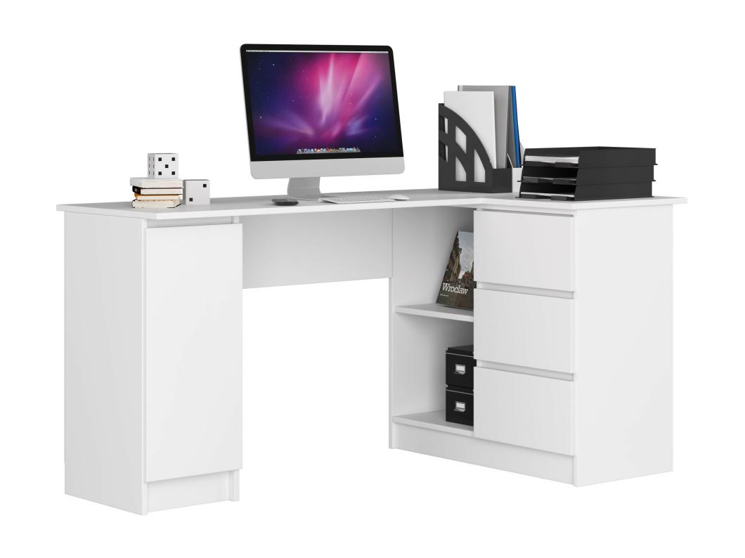Grand bureau d'angle AKORD droit B20 Blanc 155 cm 1 porte 3 tiroirs façade Blanche 4 étagères 155x85x77 cm