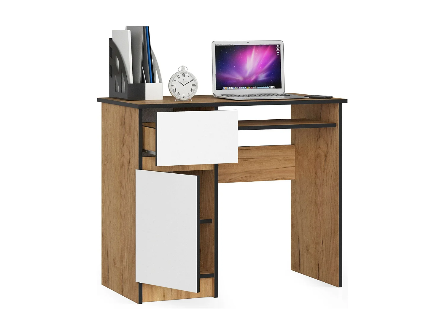 Bureau Links PIKSEL / Computerbureau / Computer Tafel / Bureautafel Rechts / Craft Eik - Wit / 90 x 77 x 50 cm