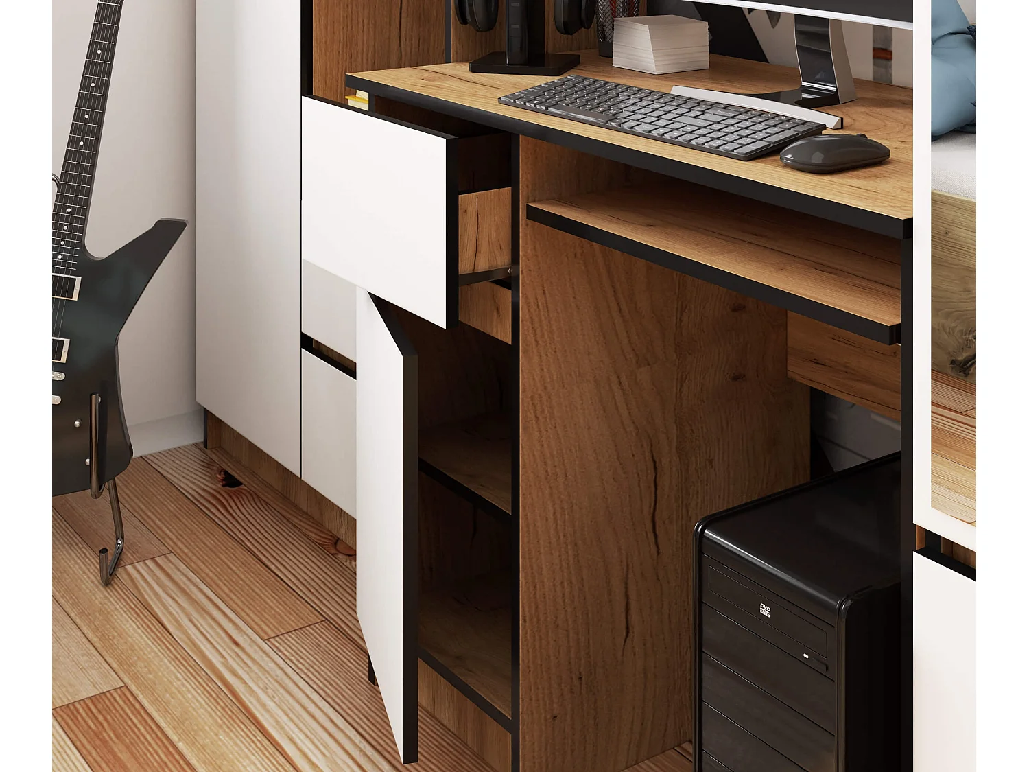 Bureau Links PIKSEL / Computerbureau / Computer Tafel / Bureautafel Rechts / Craft Eik - Wit / 90 x 77 x 50 cm