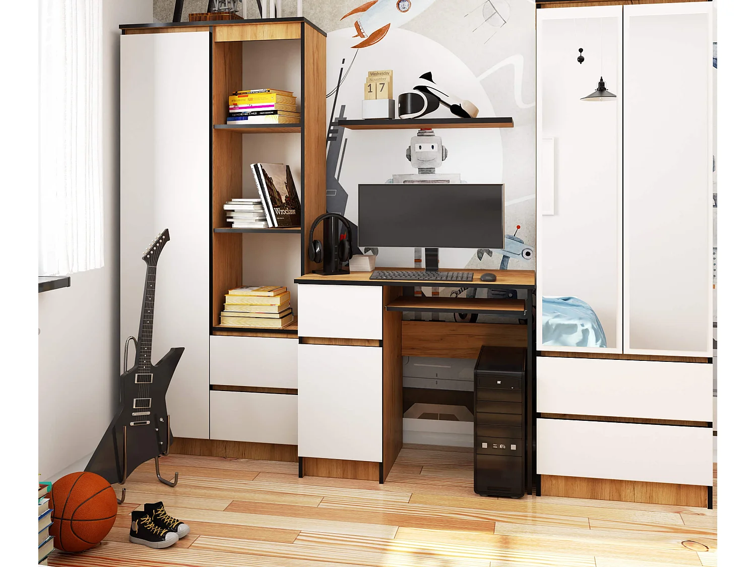 Bureau Links PIKSEL / Computerbureau / Computer Tafel / Bureautafel Rechts / Craft Eik - Wit / 90 x 77 x 50 cm