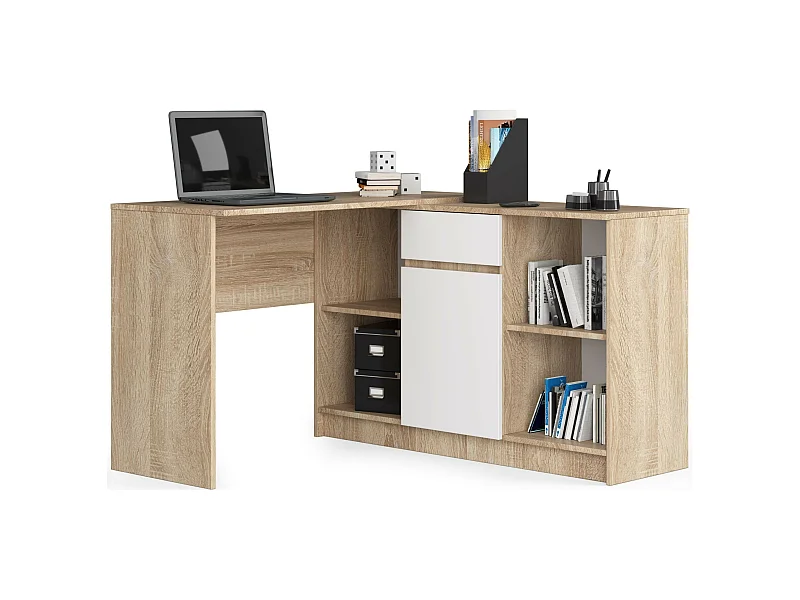 Eck-Schreibtisch AKORD B17 2-in-1 Kombination mit Kommode in der Farbe Sonoma-Eiche Schublade Front Weiß und 6 Ablagen B120 x H79 x T126 cm