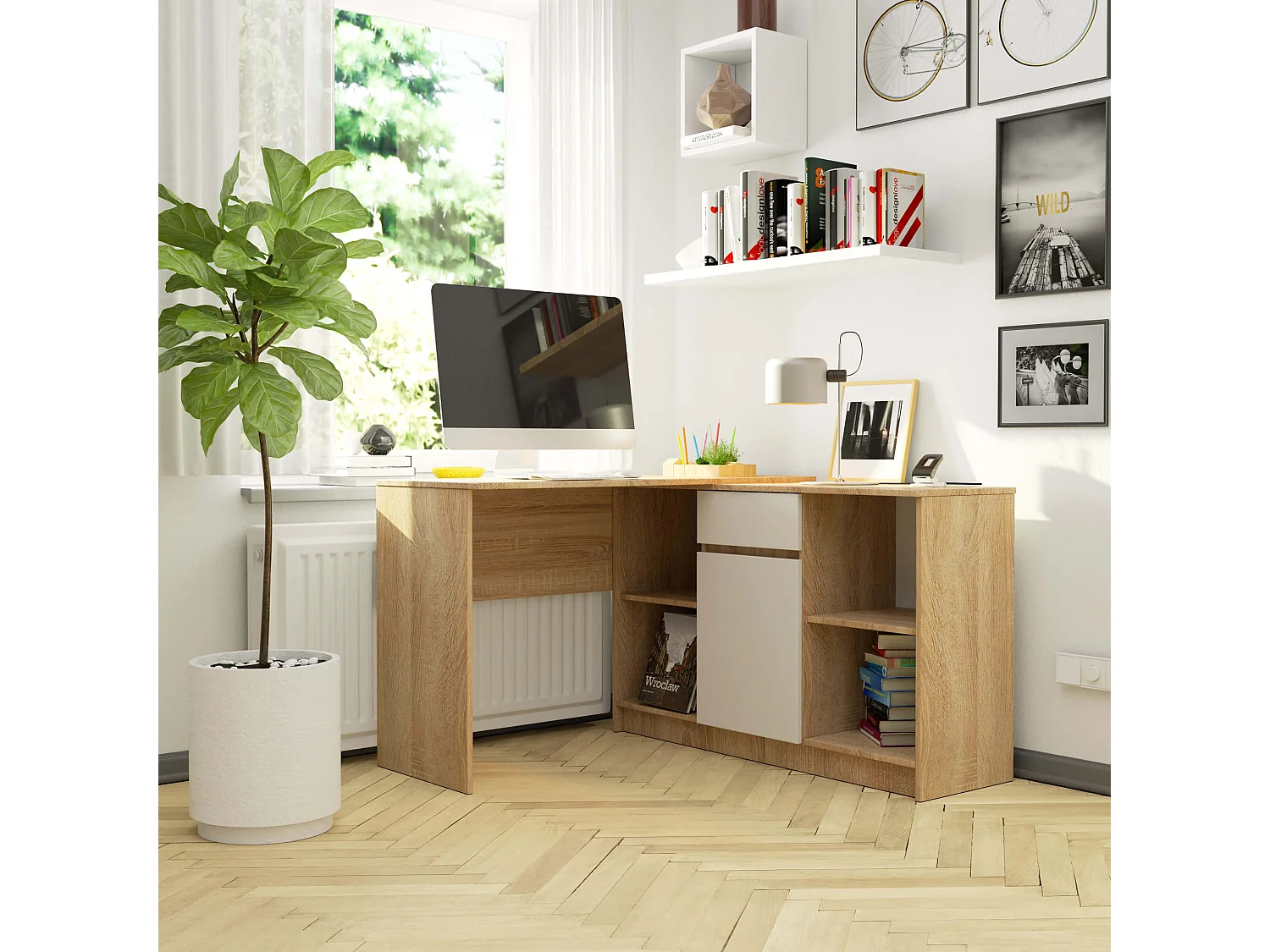 Ensemble d'angle AKORD bureau B17 avec commode Chêne Sonoma 120 cm 1 porte 1 tiroir façade Blanche 6 étagères 120x126x79 cm