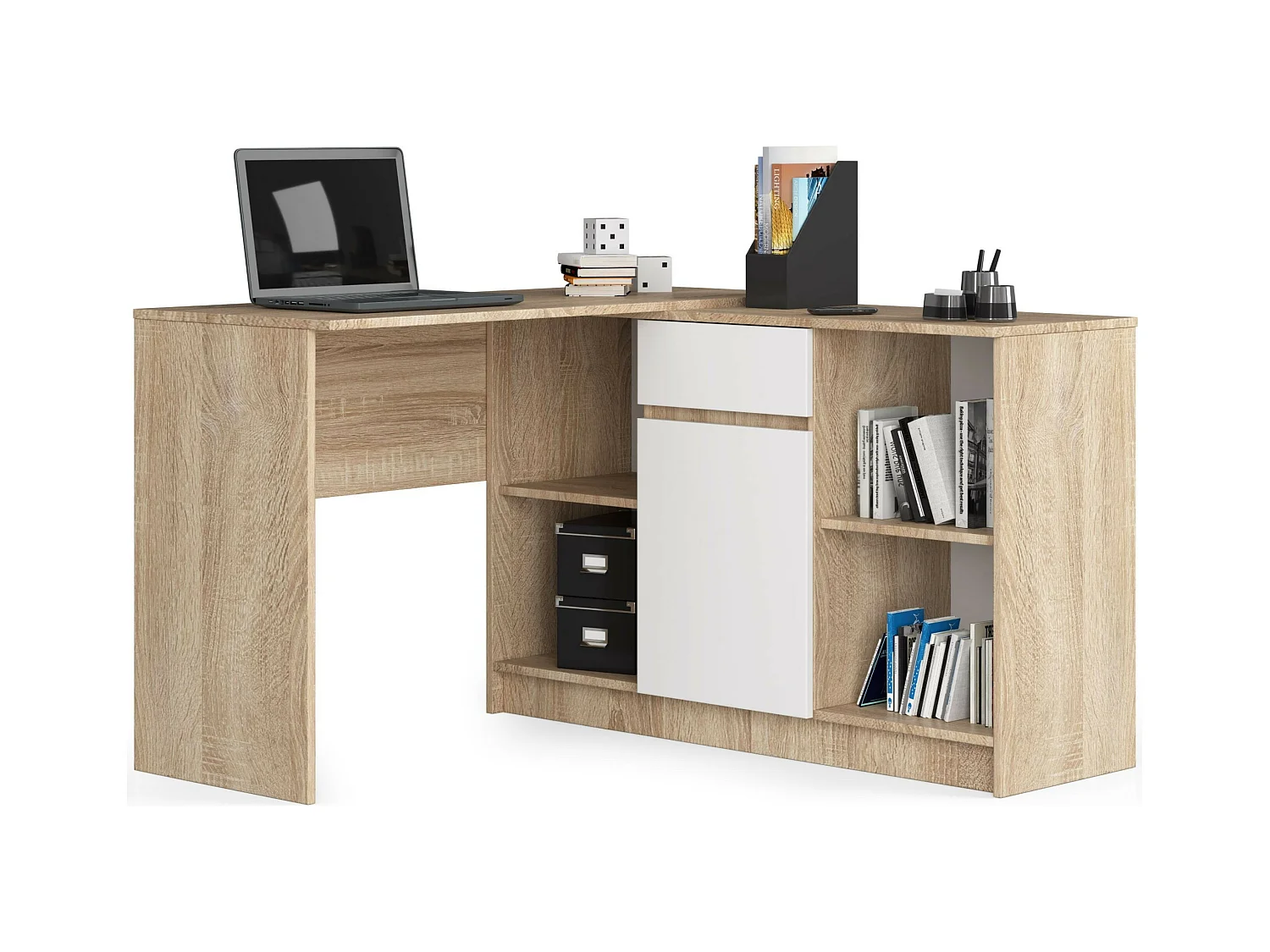 Ensemble d'angle AKORD bureau B17 avec commode Chêne Sonoma 120 cm 1 porte 1 tiroir façade Blanche 6 étagères 120x126x79 cm