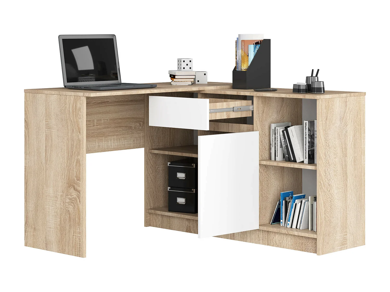Scrivania angolare AKORD B17 Sonoma Quercia 120 cm 1 anta 1 cassetto inserto frontale Bianco 120x126x79 cm