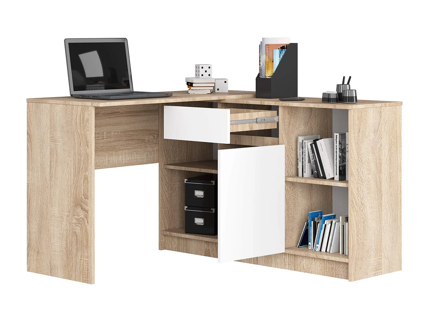 Ensemble d'angle AKORD bureau B17 avec commode Chêne Sonoma 120 cm 1 porte 1 tiroir façade Blanche 6 étagères 120x126x79 cm