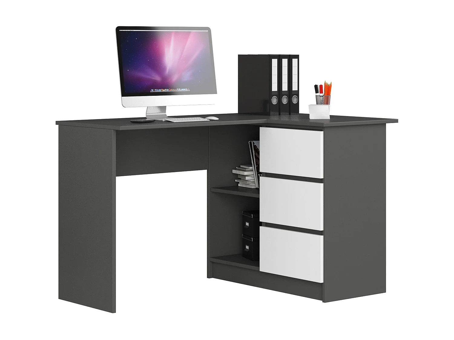 Escritorio esquinero AKORD B16 Grafito Gris 124 cm con lado derecho 3 cajones frente en color Blanco 2 estantes 124x85x77 cm