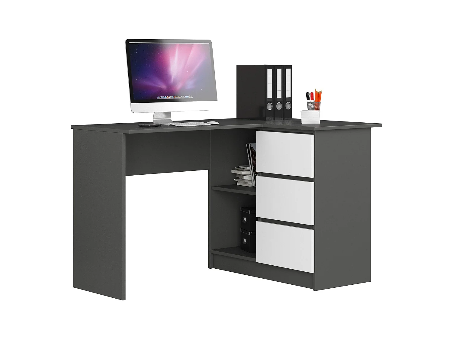 Bureau AKORD d'angle droit B16 Gris Graphite 124 cm 3 tiroirs façade Blanche 2 étagères 124x85x77 cm