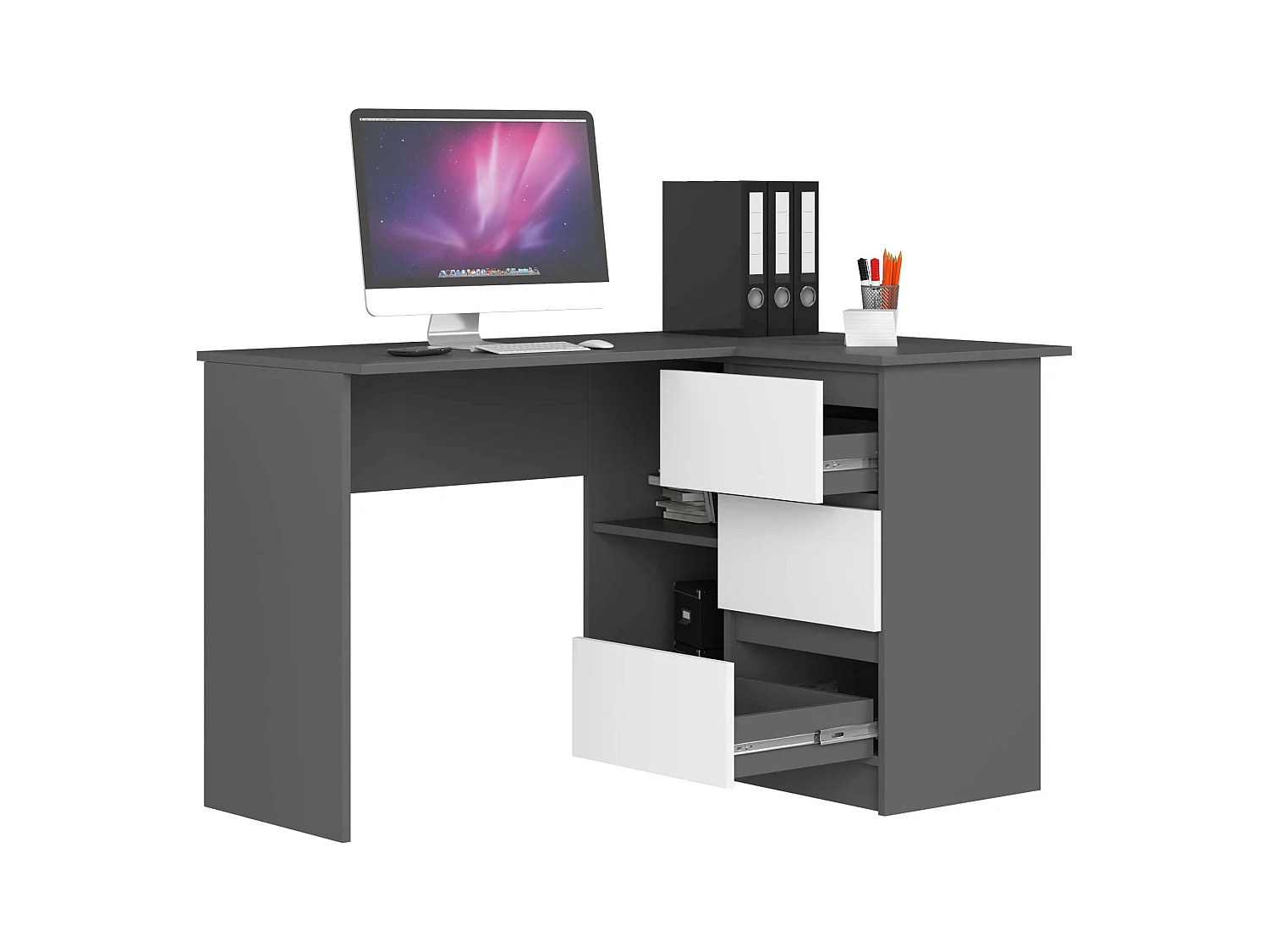 Eck-Schreibtisch AKORD B16 rechts in der Farbe Graphitgrau mit 3 Schubladen Front Weiß und 2 Ablagen B124 x H77 x T85 cm