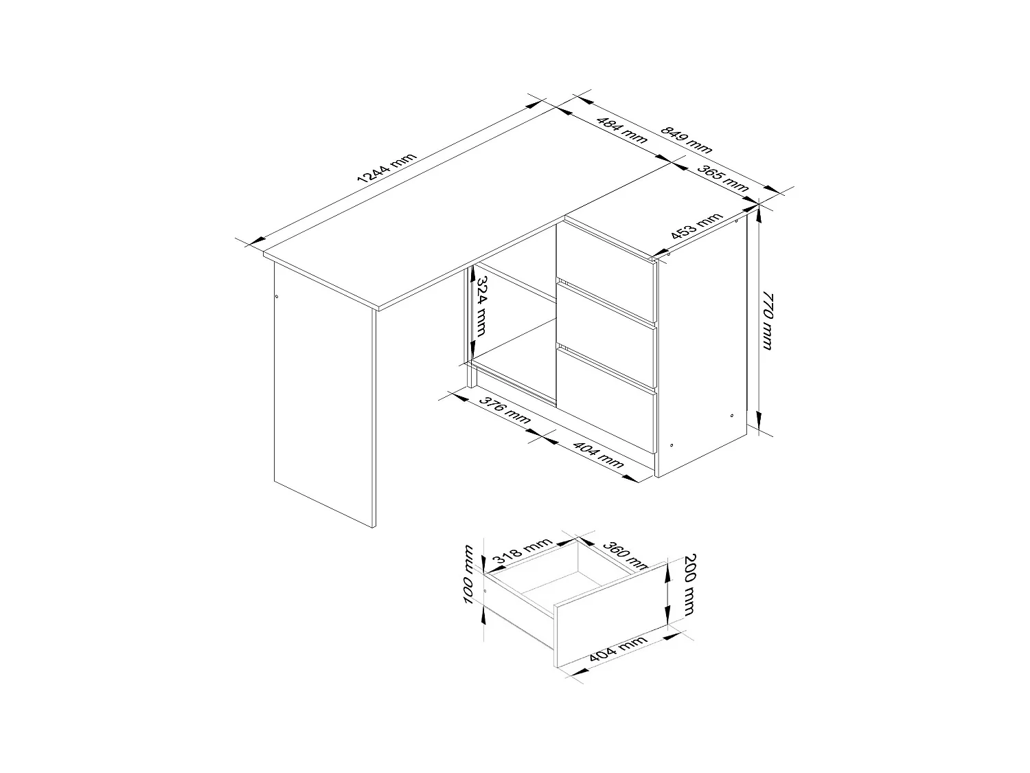 Eck-Schreibtisch AKORD B16 rechts in der Farbe Graphitgrau mit 3 Schubladen Front Weiß und 2 Ablagen B124 x H77 x T85 cm