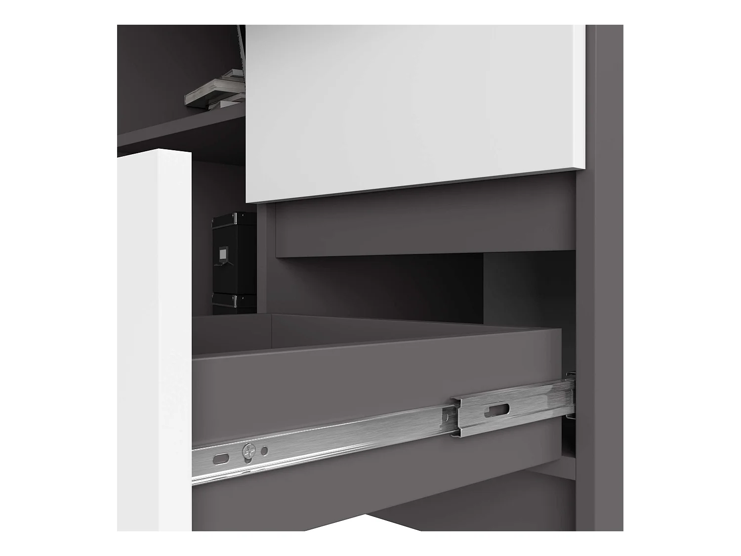 Eck-Schreibtisch AKORD B16 rechts in der Farbe Graphitgrau mit 3 Schubladen Front Weiß und 2 Ablagen B124 x H77 x T85 cm