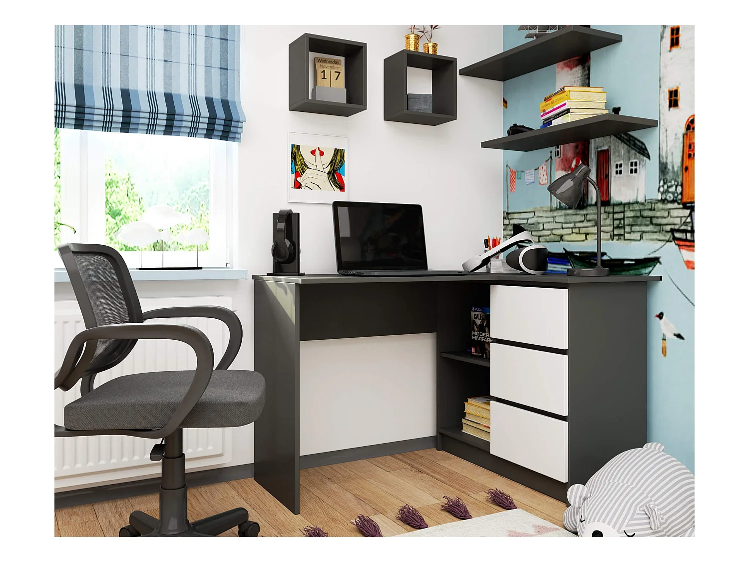 Eck-Schreibtisch AKORD B16 rechts in der Farbe Graphitgrau mit 3 Schubladen Front Weiß und 2 Ablagen B124 x H77 x T85 cm