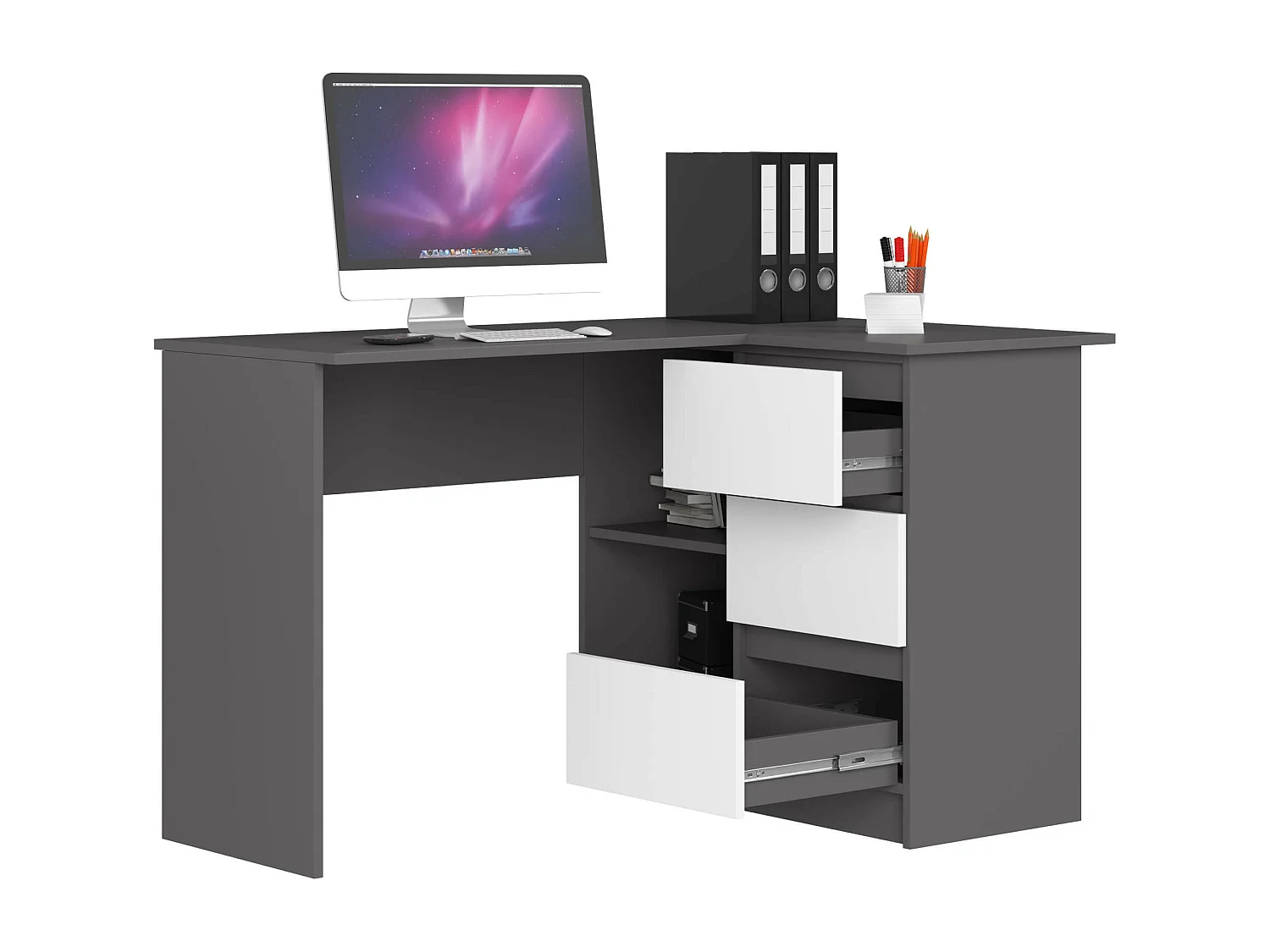 Hoekbureau Rechts B16 / Computerbureau / Computer Tafel / Bureautafel Rechts / Grafietgrijs - Wit / 124 x 77 x 85 cm