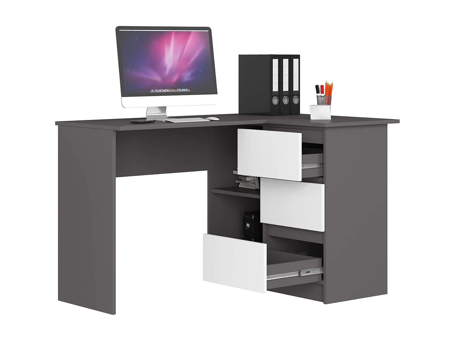 Bureau AKORD d'angle droit B16 Gris Graphite 124 cm 3 tiroirs façade Blanche 2 étagères 124x85x77 cm