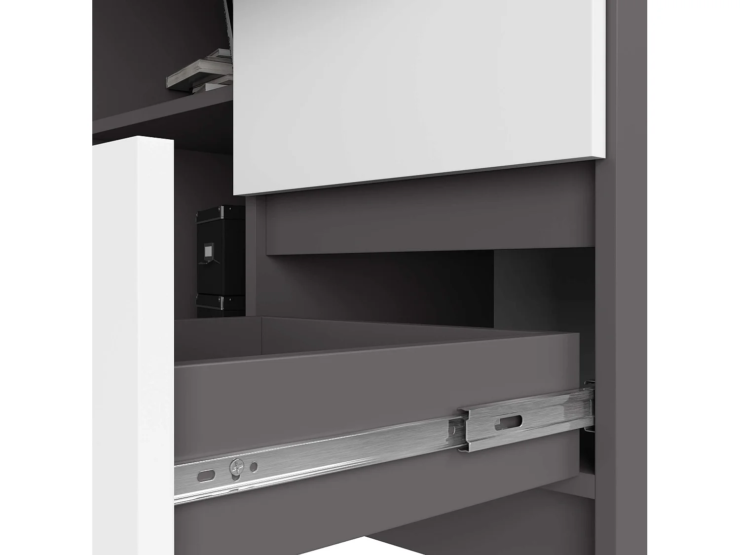 Bureau AKORD d'angle droit B16 Gris Graphite 124 cm 3 tiroirs façade Blanche 2 étagères 124x85x77 cm