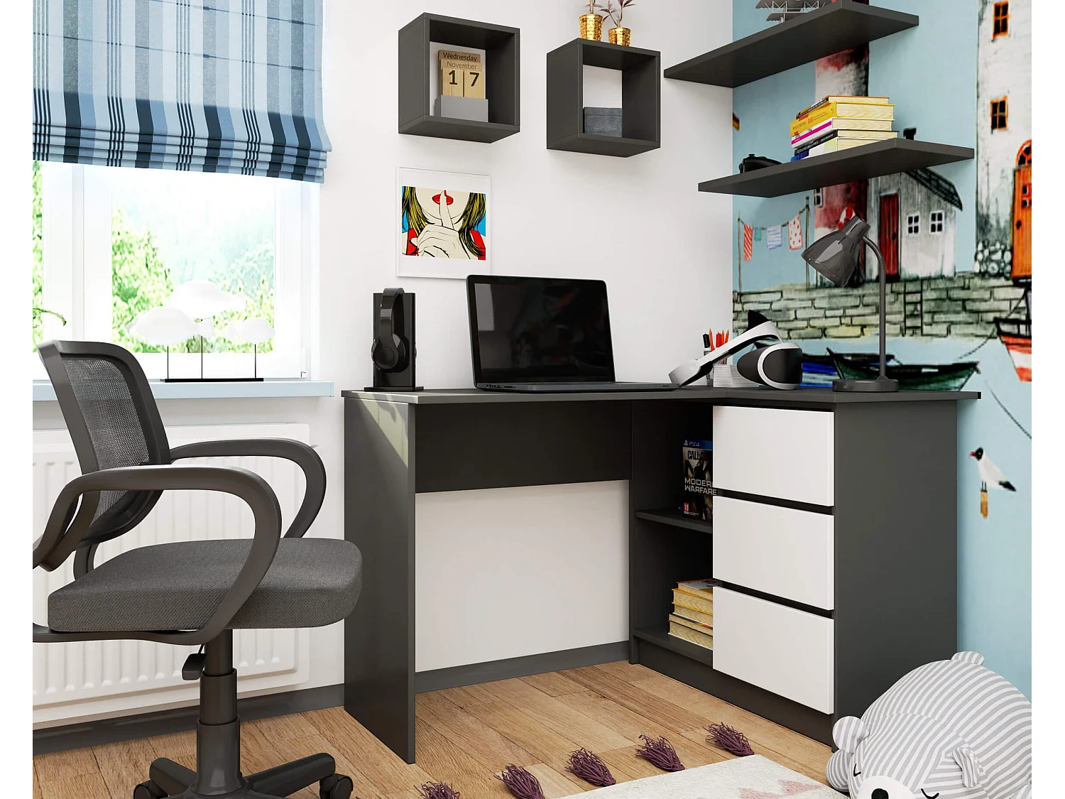 Bureau AKORD d'angle droit B16 Gris Graphite 124 cm 3 tiroirs façade Blanche 2 étagères 124x85x77 cm