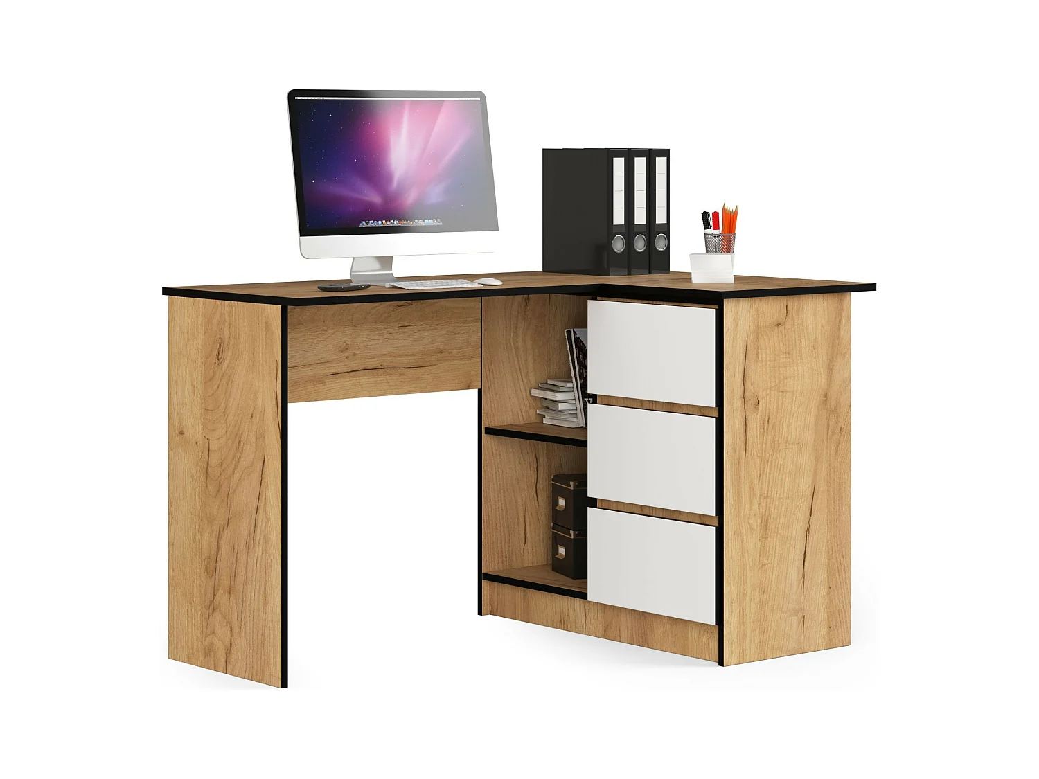 Bureau AKORD d'angle droit B16 Chêne Craft 124 cm 3 tiroirs façade Blanche 2 étagères 124x85x77 cm