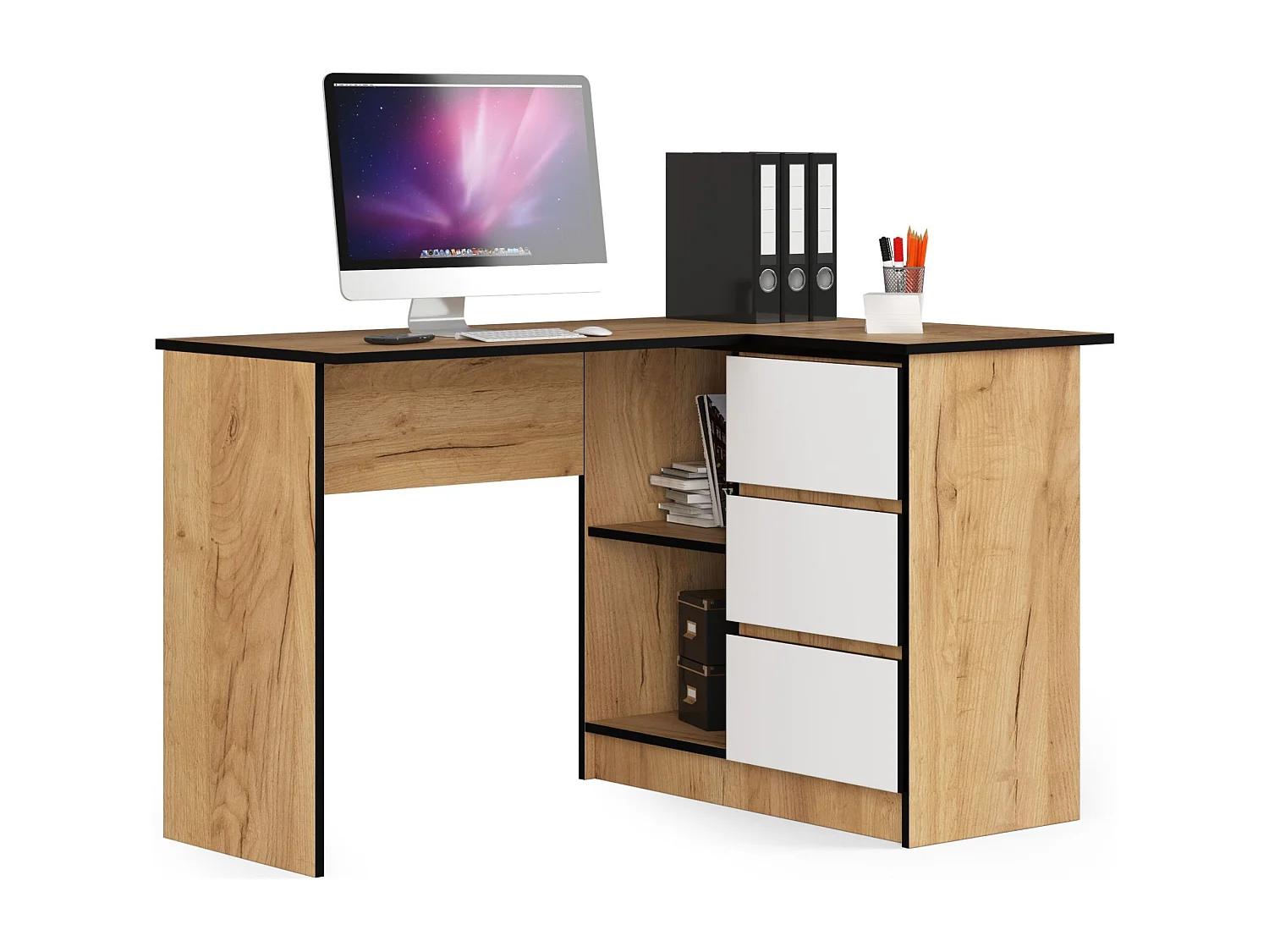 Bureau AKORD d'angle droit B16 Chêne Craft 124 cm 3 tiroirs façade Blanche 2 étagères 124x85x77 cm