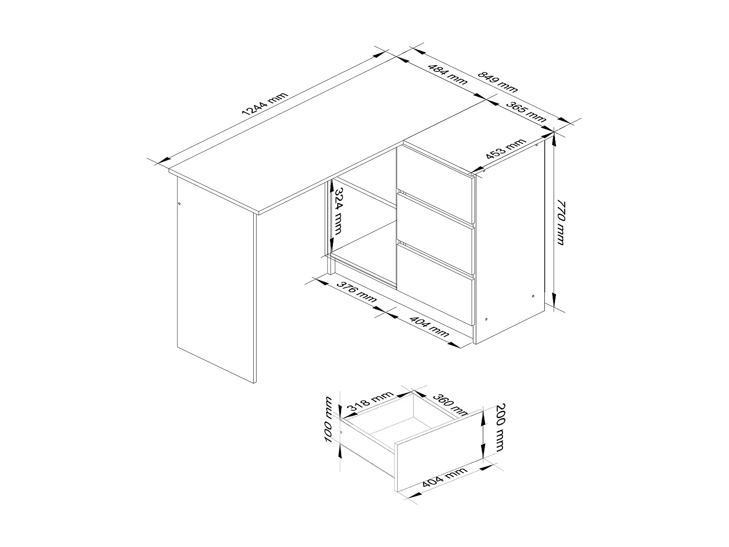 Bureau AKORD d'angle droit B16 Chêne Craft 124 cm 3 tiroirs façade Blanche 2 étagères 124x85x77 cm