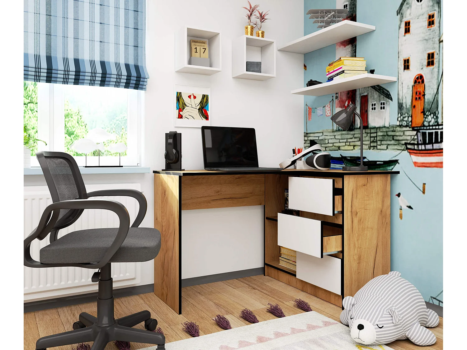 Bureau AKORD d'angle droit B16 Chêne Craft 124 cm 3 tiroirs façade Blanche 2 étagères 124x85x77 cm