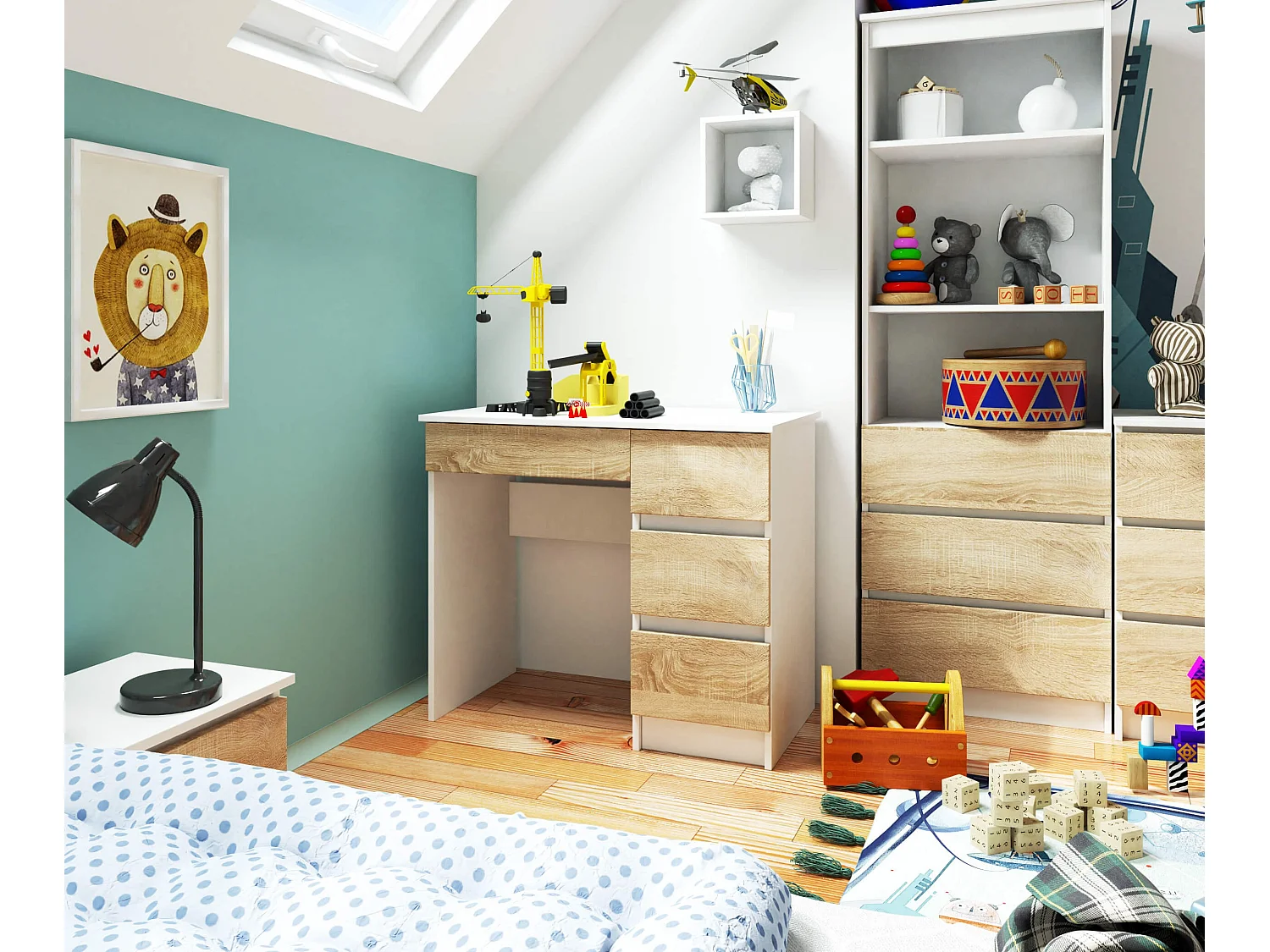 Biurko komputerowe AKORD A7 Białe 90 cm prawe 4 szuflady kolor Dąb Sonoma mat 90x50x77 cm