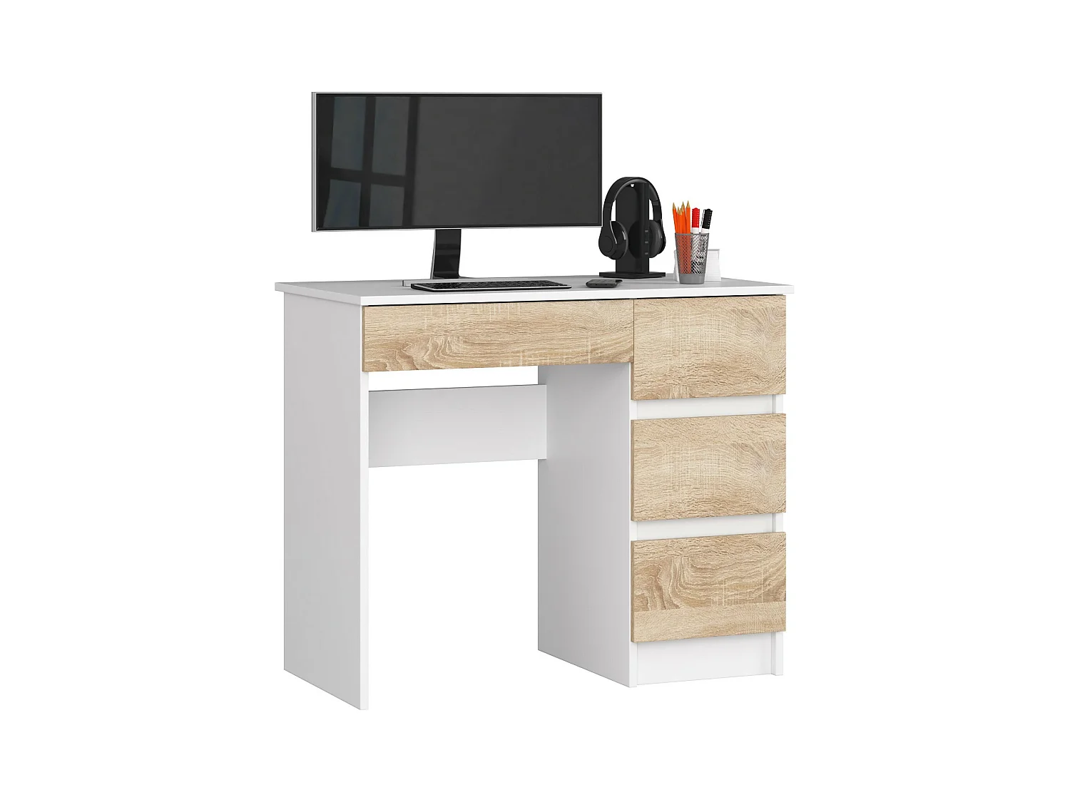 Bureau d'ordinateur AKORD droit A7 Blanc 90 cm 4 tiroirs façade Chêne Sonoma 90x50x77 cm