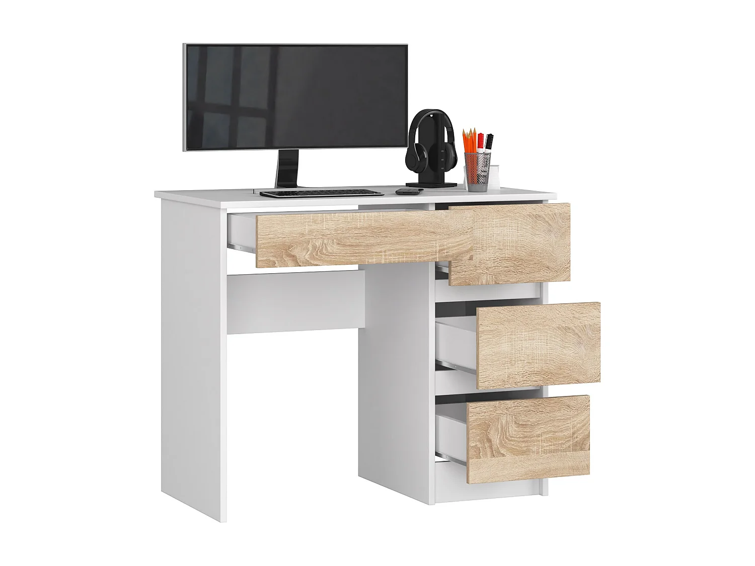 Computerbureau A-7 Recht 90 cm Wit/Dubbel Sonoma met Ladeblokkering