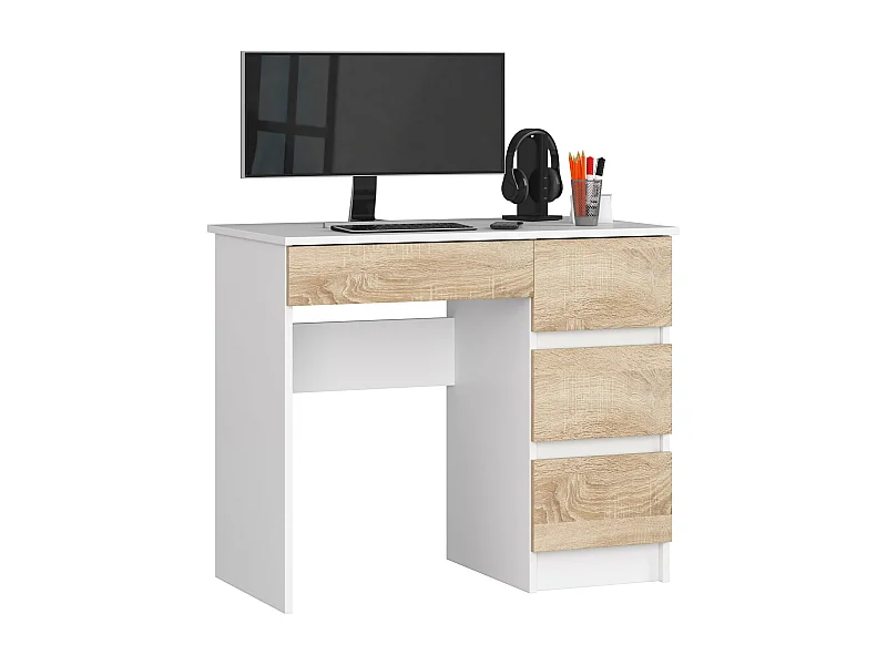Bureau d'ordinateur AKORD droit A7 Blanc 90 cm 4 tiroirs façade Chêne Sonoma 90x50x77 cm