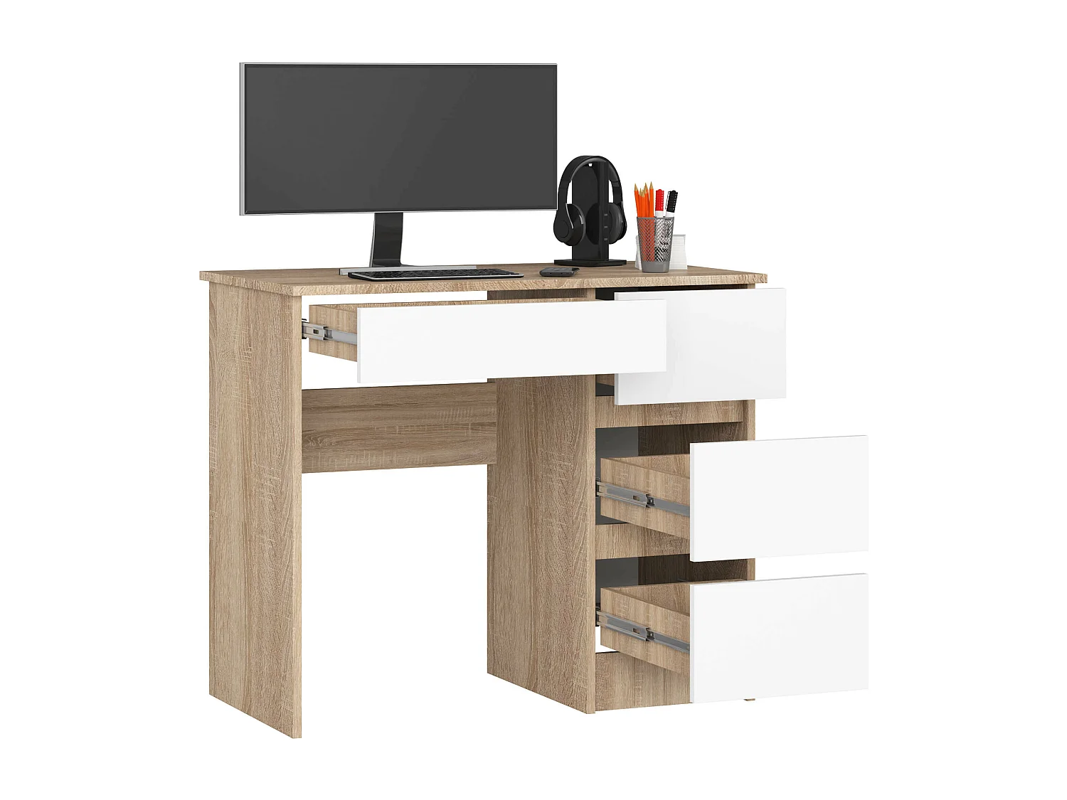 Bureau d'ordinateur AKORD droit A7 Chêne Sonoma 90 cm 4 tiroirs façade Blanche 90x50x77 cm