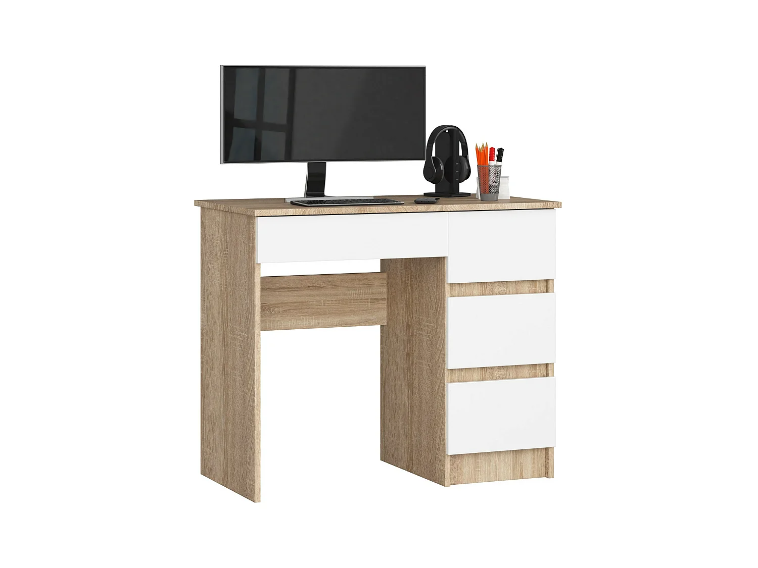 Bureau d'ordinateur AKORD droit A7 Chêne Sonoma 90 cm 4 tiroirs façade Blanche 90x50x77 cm
