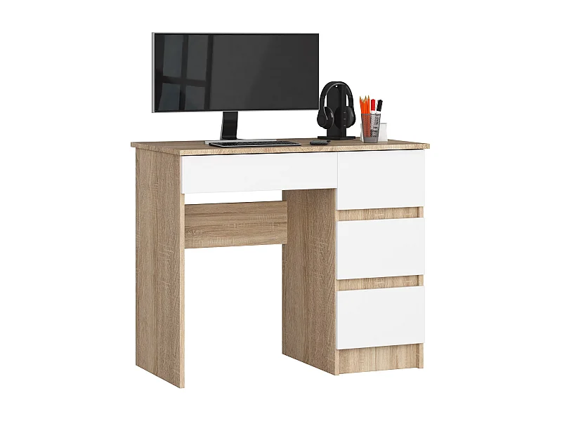 Bureau d'ordinateur AKORD droit A7 Chêne Sonoma 90 cm 4 tiroirs façade Blanche 90x50x77 cm
