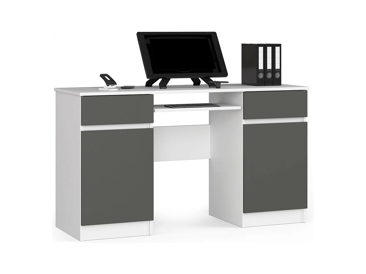 Bureau d'ordinateur AKORD A5 Blanc 135 cm 2 portes 2 tiroirs façade Gris Graphite 5 étagères 135x50x77 cm